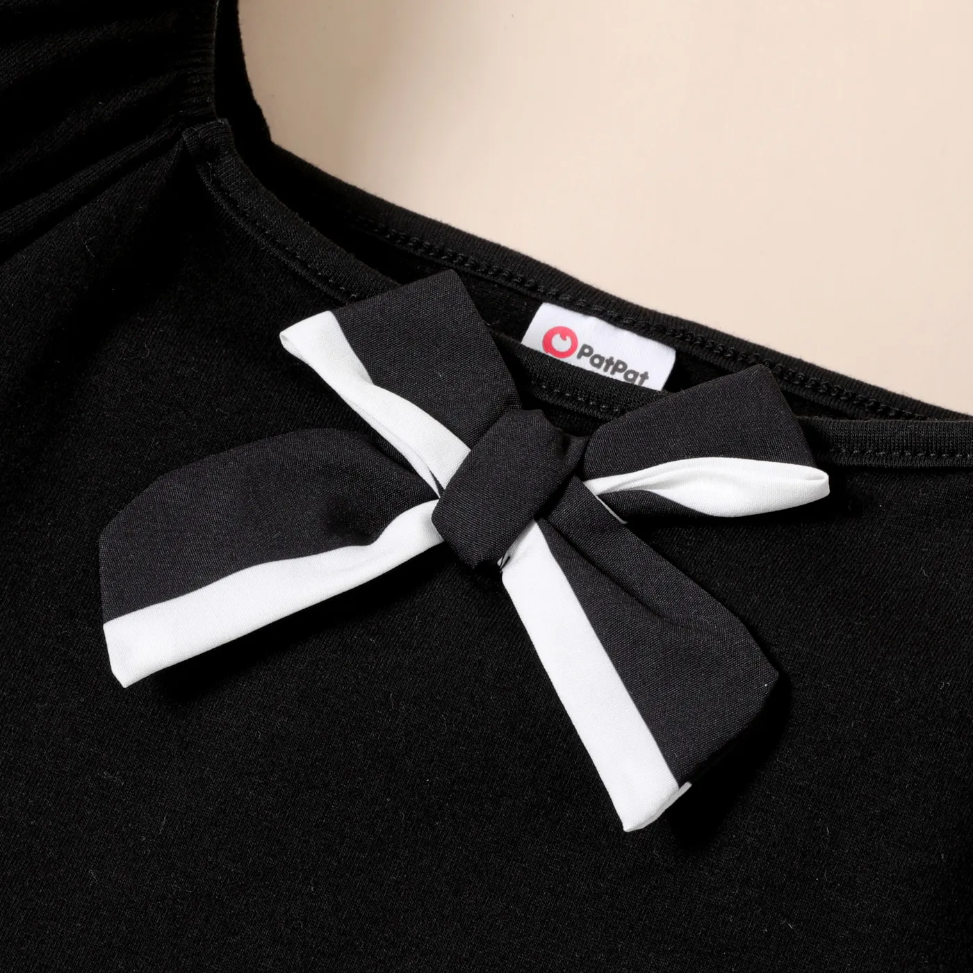 2pcs Kid Girl Bow Tie Decor Square Neck Tee and Stripe Pants Set  BlackandWhite image 5