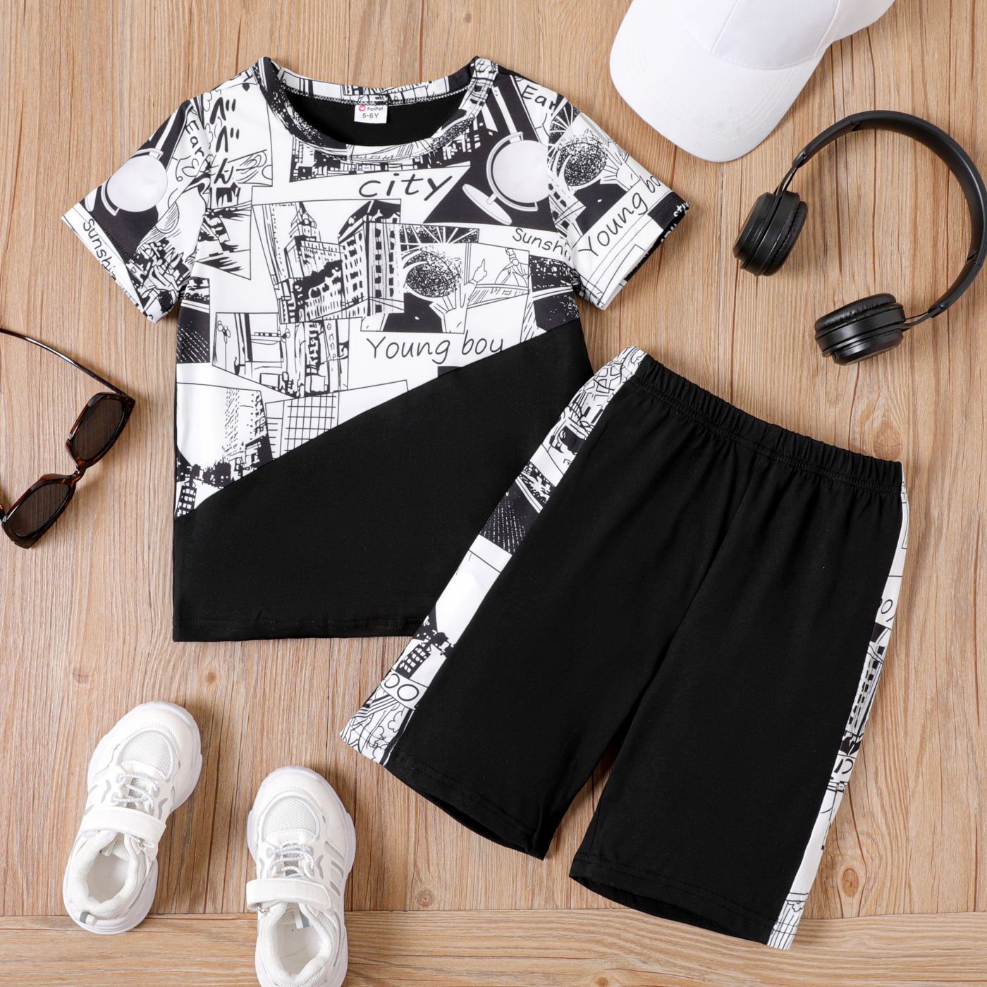 

2pcs Kid Boy Building Letter Print Colorblock Short-sleeve Tee and Shorts Set