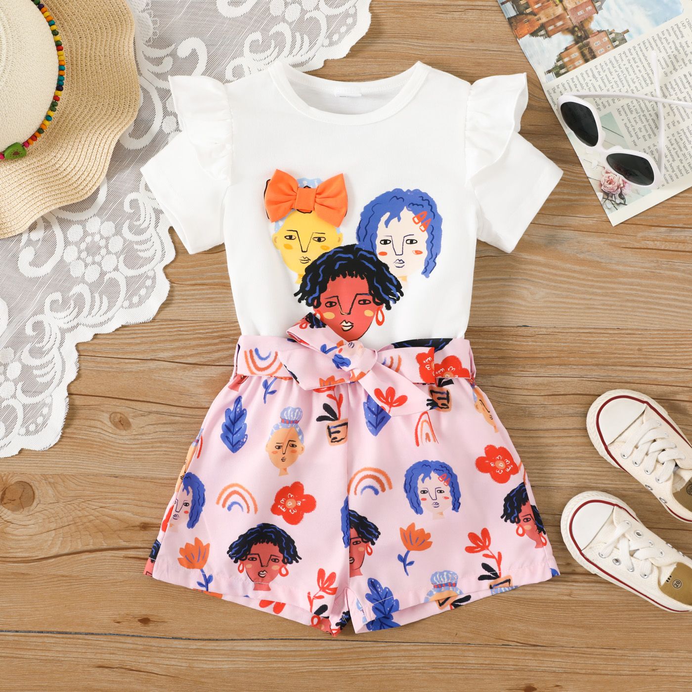 

2pcs Toddler Girl Figure Print Ruffled Short-sleeve Tee and Belted Shorts Set