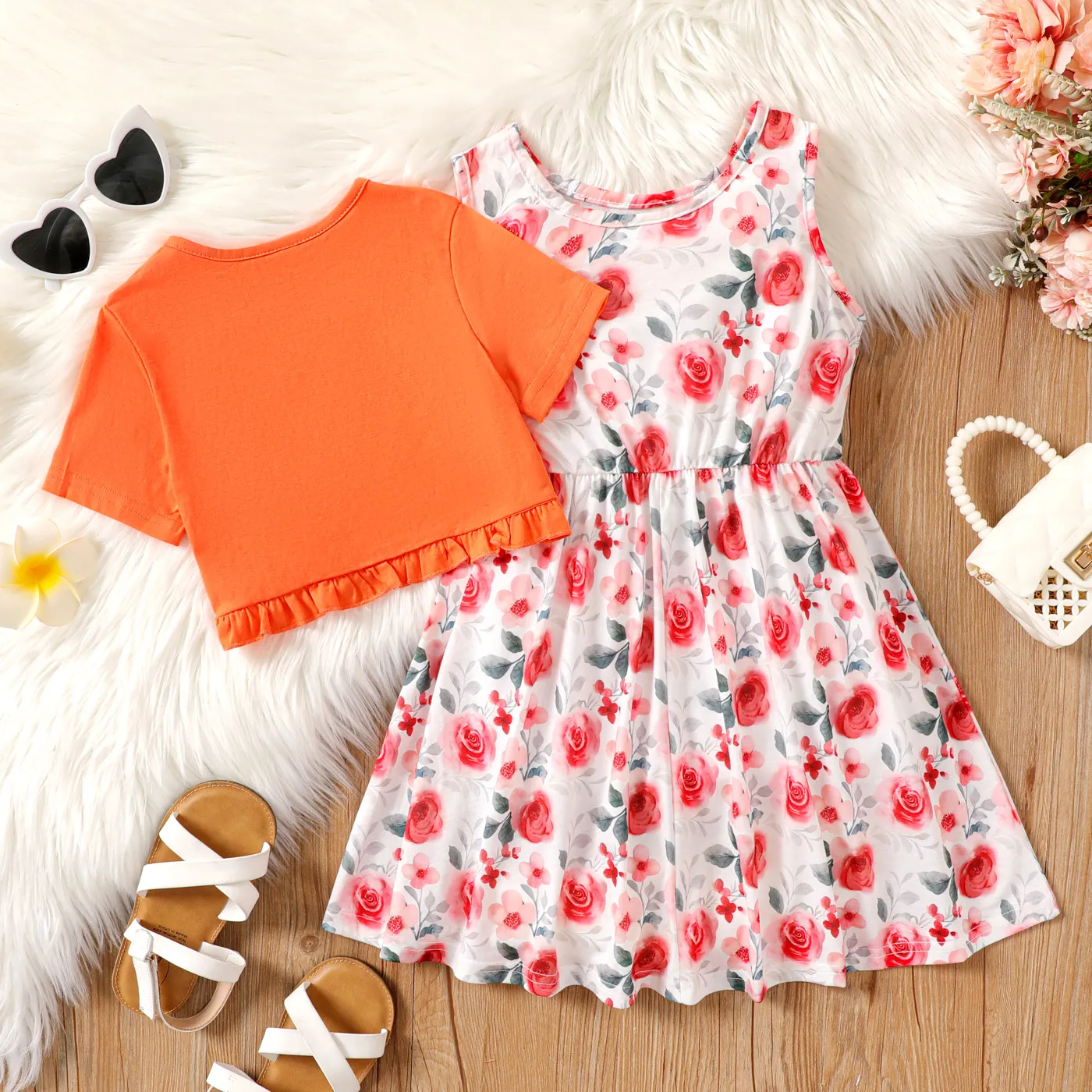 2pcs Kid Girl Ruffle Trim Short-sleeve Cardigan and Allover Floral Print Tank Dress Set  image 5