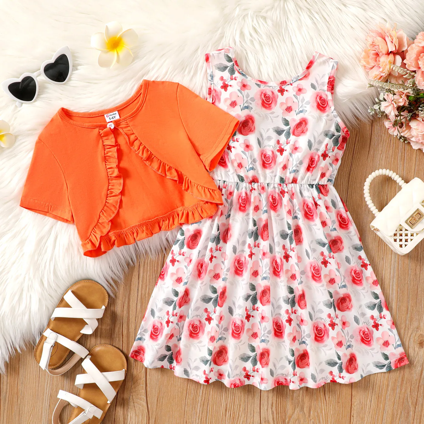 2pcs Kid Girl Ruffle Trim Short-sleeve Cardigan and Allover Floral Print Tank Dress Set  big image 1
