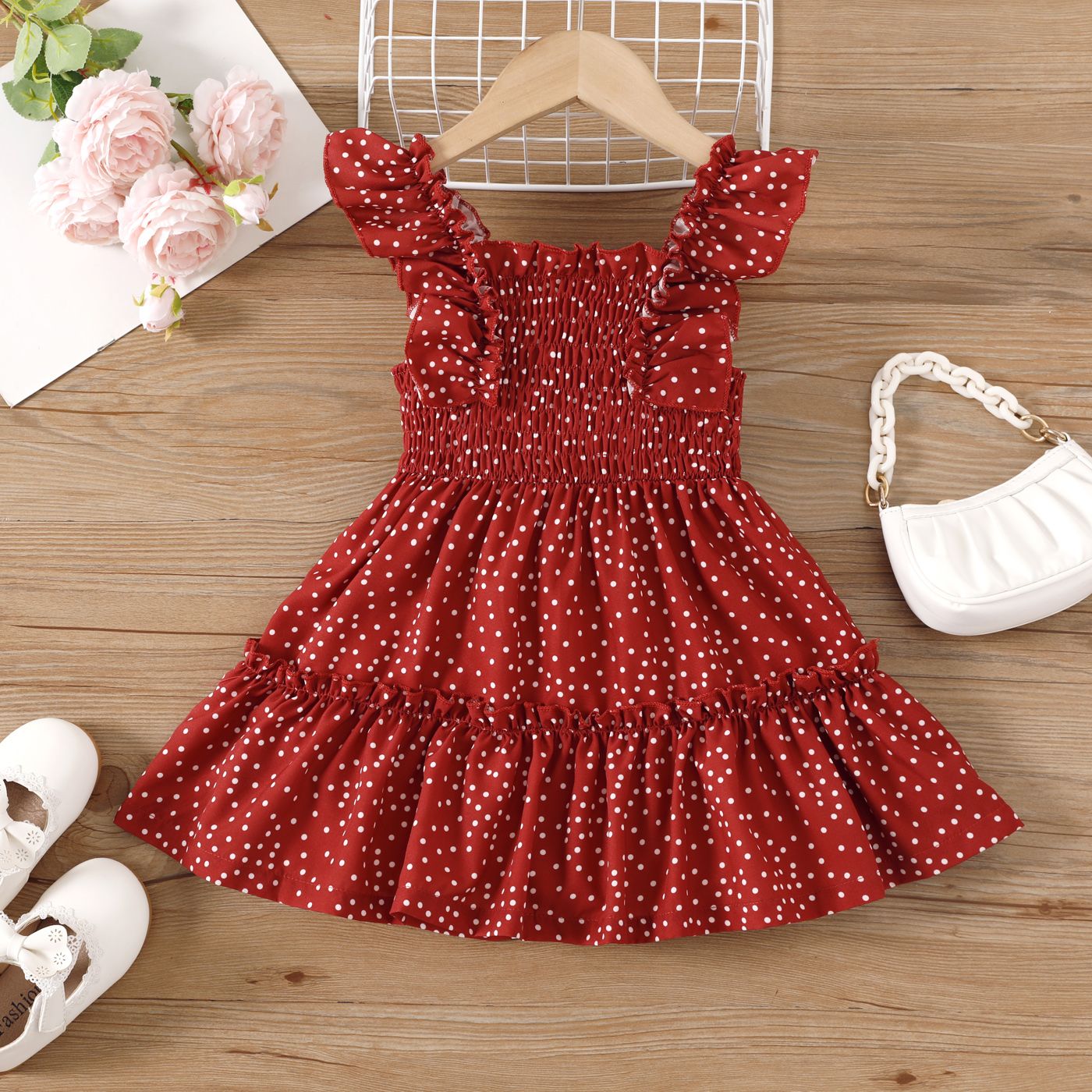 Toddler Girl Polka Dots Print Ruffled Smocked Dress