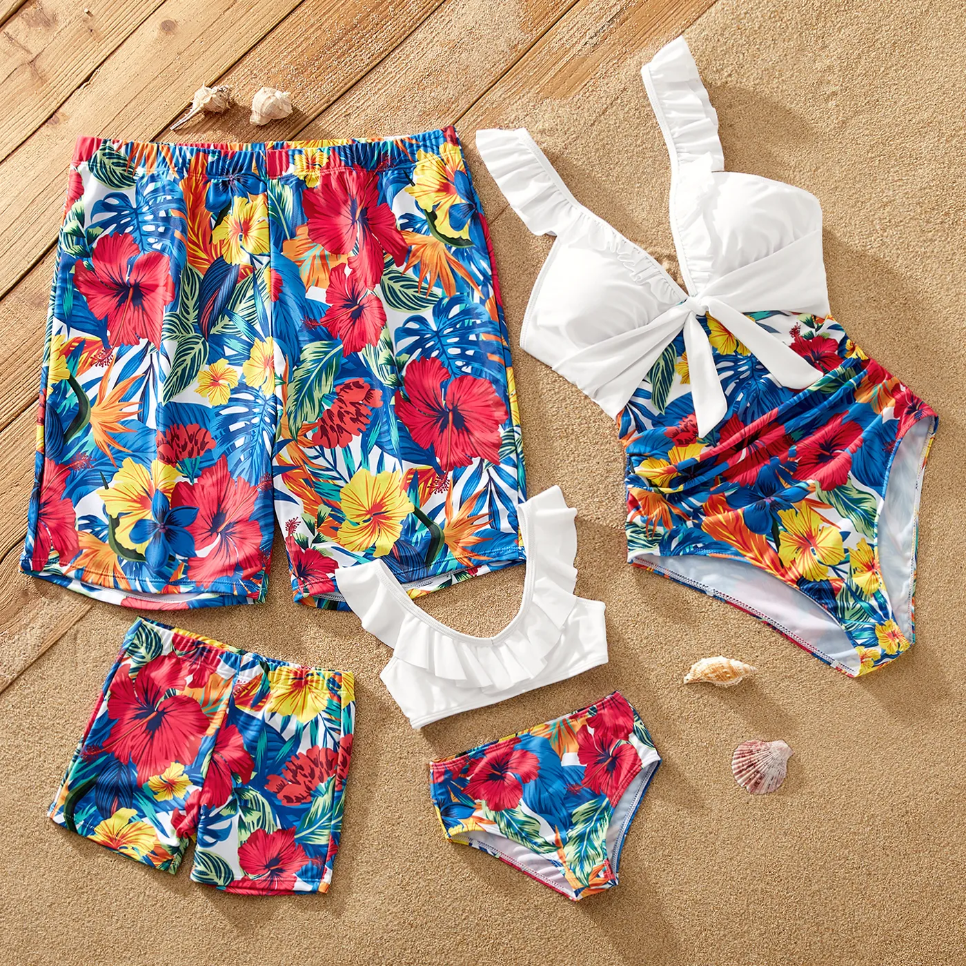 Family Matching Plant Floral Panel Knot Front Ruffled One-piece Swimsuit Or Swim Trunks Shorts