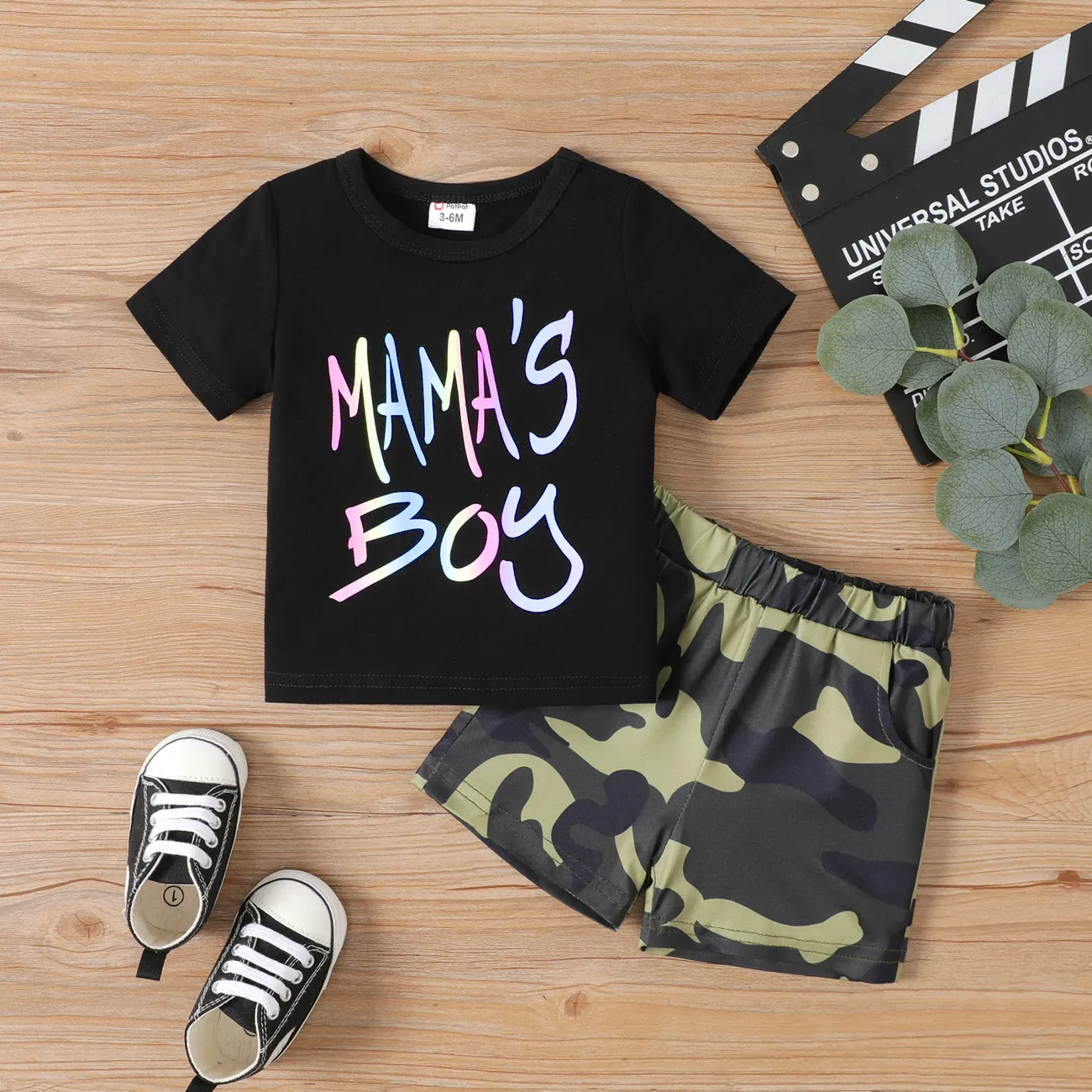 2pcs Baby Boy 95% Cotton Colorful Letter Print Short-sleeve Tee and Camouflage Shorts Set Black big image 1