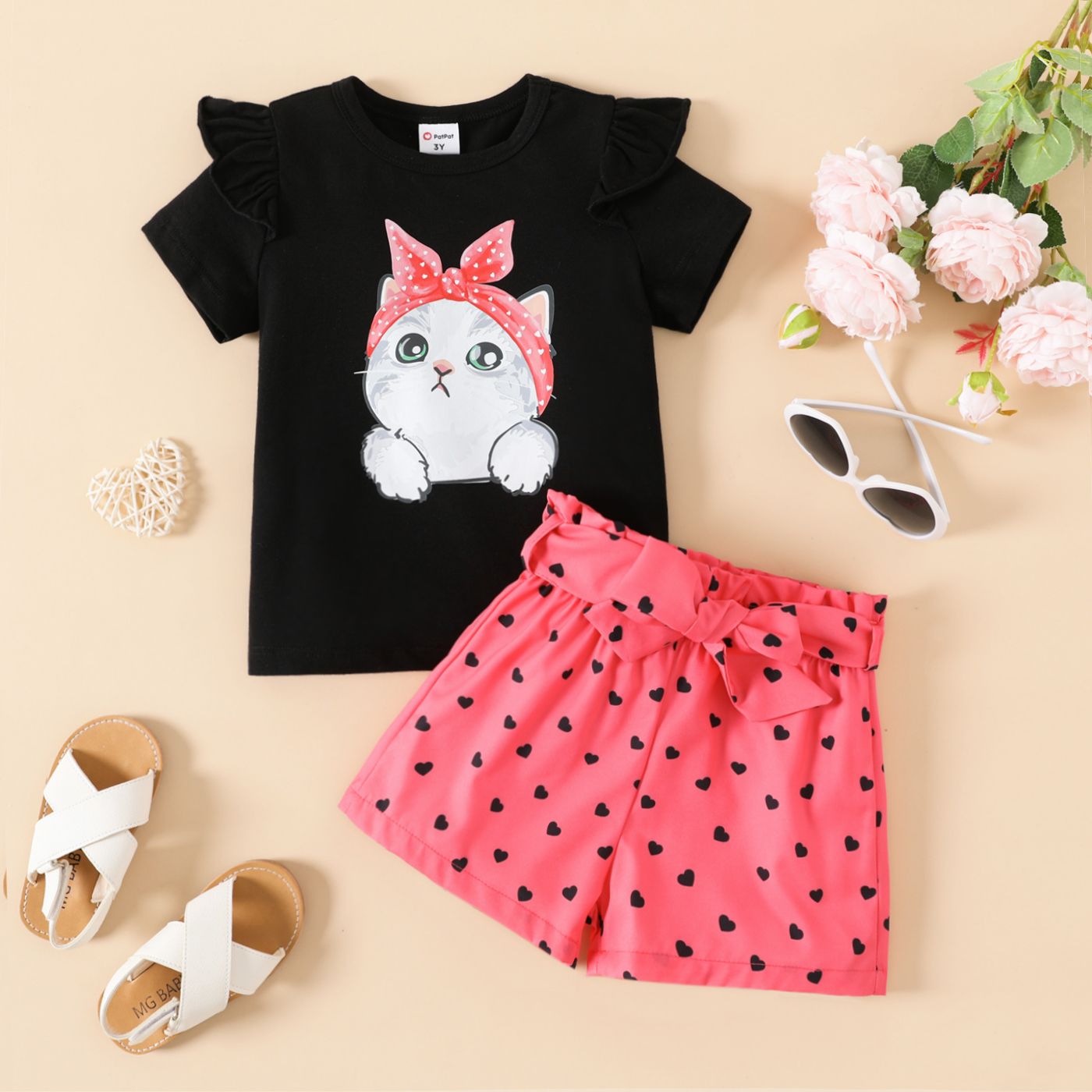 

2pcs Toddler Girl Cute Cat Print Ruffled Short-sleeve Tee and Polka Dots Belted Shorts Set