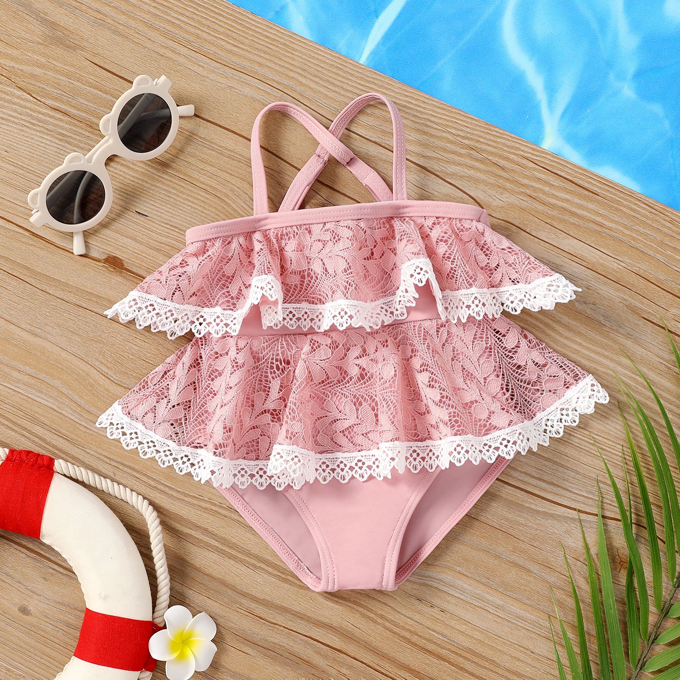 

Baby Girl Ruffled Lace Layered One Piece Swimsuit