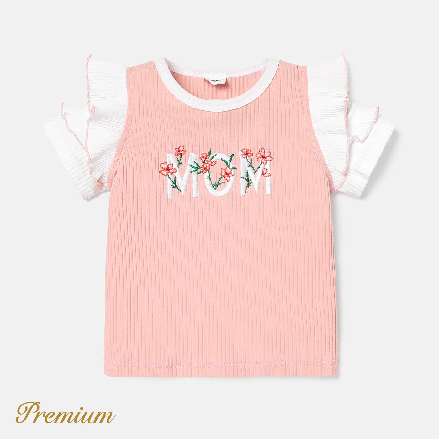 Baby Girl Cotton Letter Embroidered Flutter-sleeve Ribbed Tee incarnadinepink