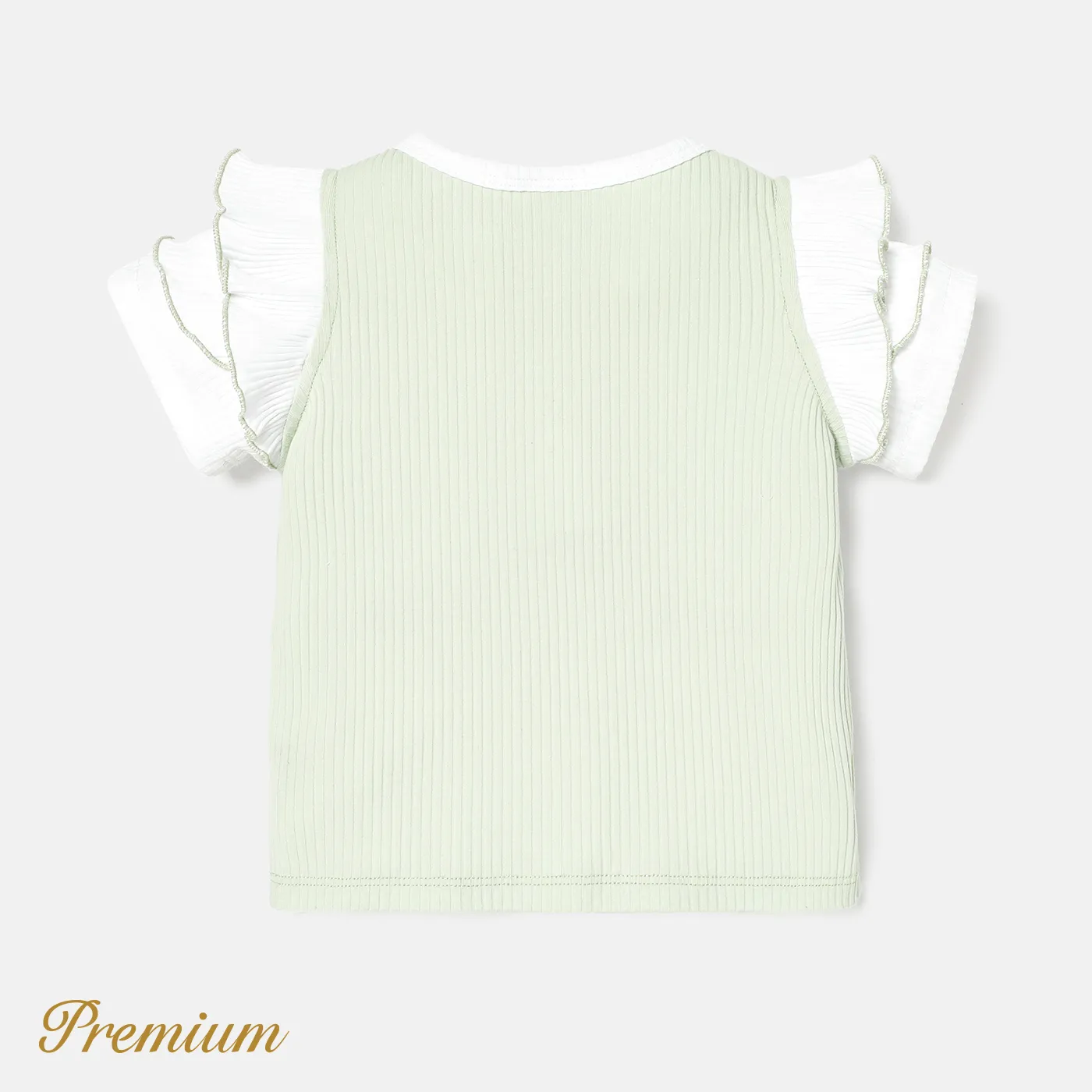 Baby Girl Cotton Letter Embroidered Flutter-sleeve Ribbed Tee Light Green image 3