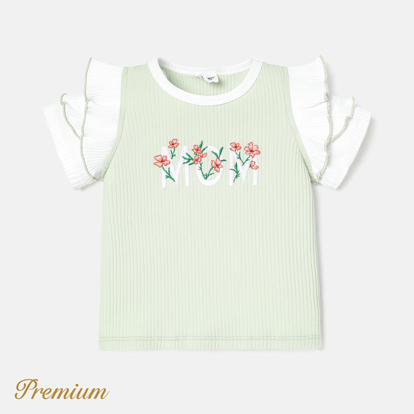 Baby Girl Cotton Letter Embroidered Flutter-sleeve Ribbed Tee