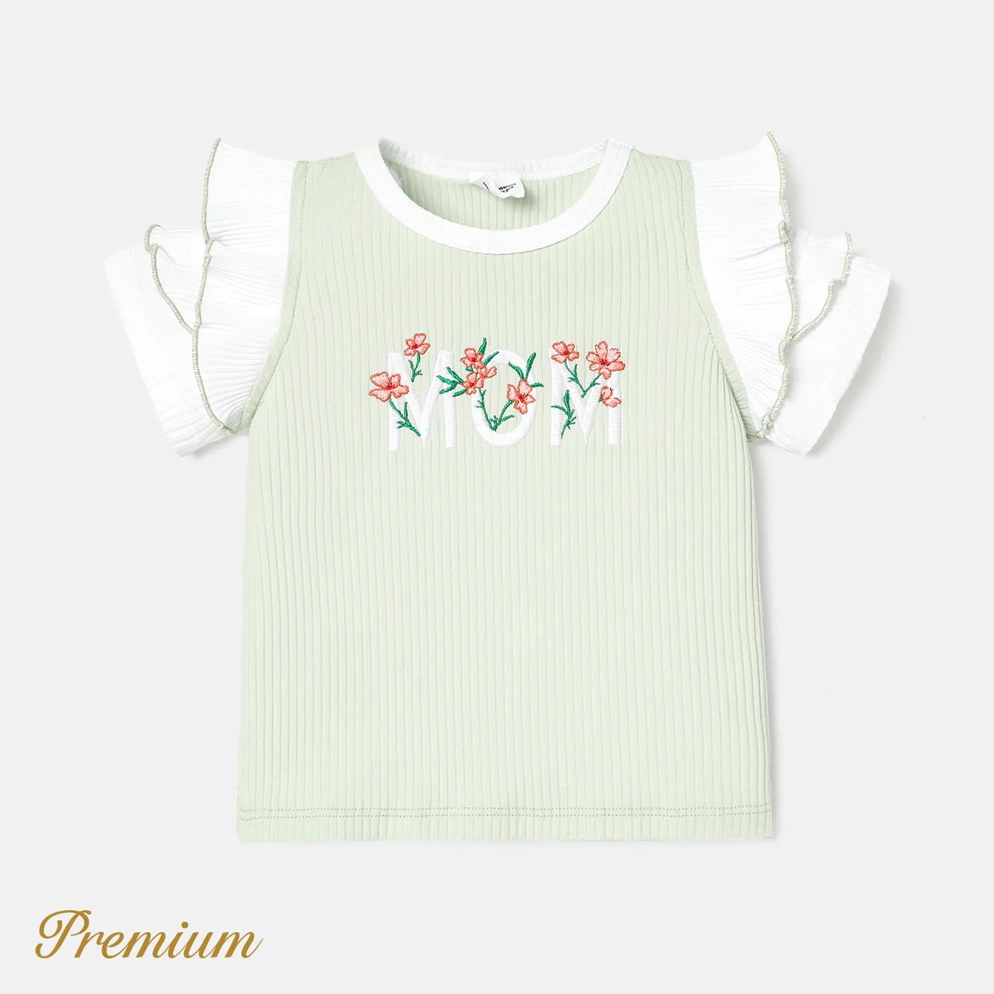 Baby Girl Cotton Letter Embroidered Flutter-sleeve Ribbed Tee Light Green big image 1