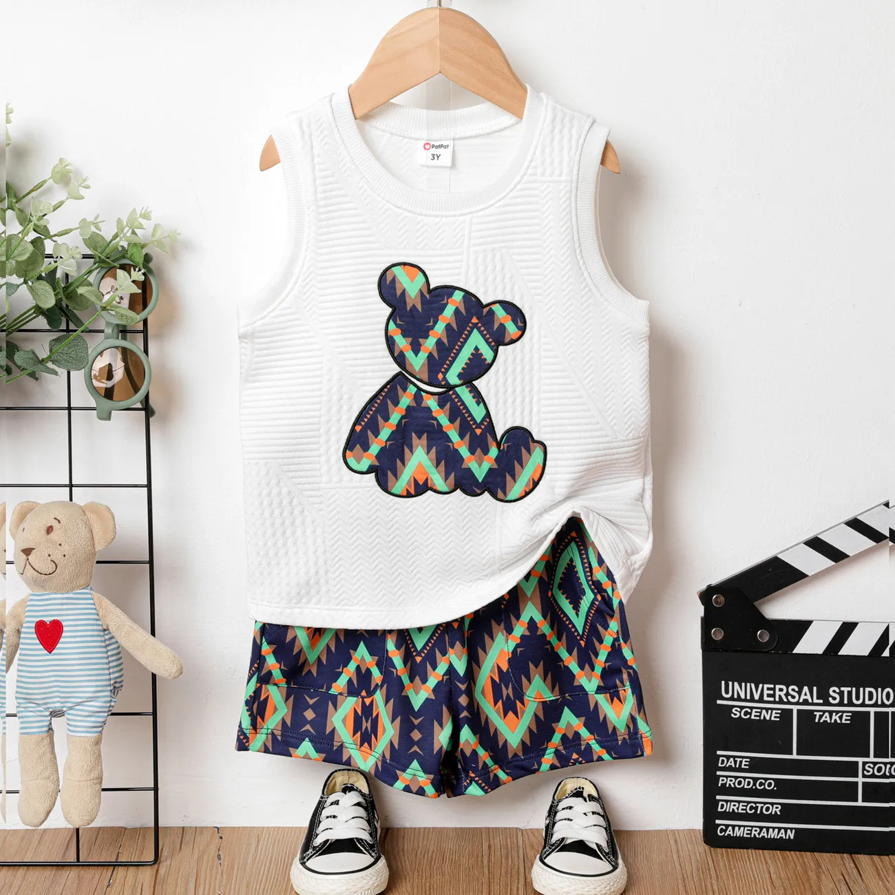 2pcs Toddler Boy Boho Bear Embroidered Tank Top and Shorts Set White big image 1