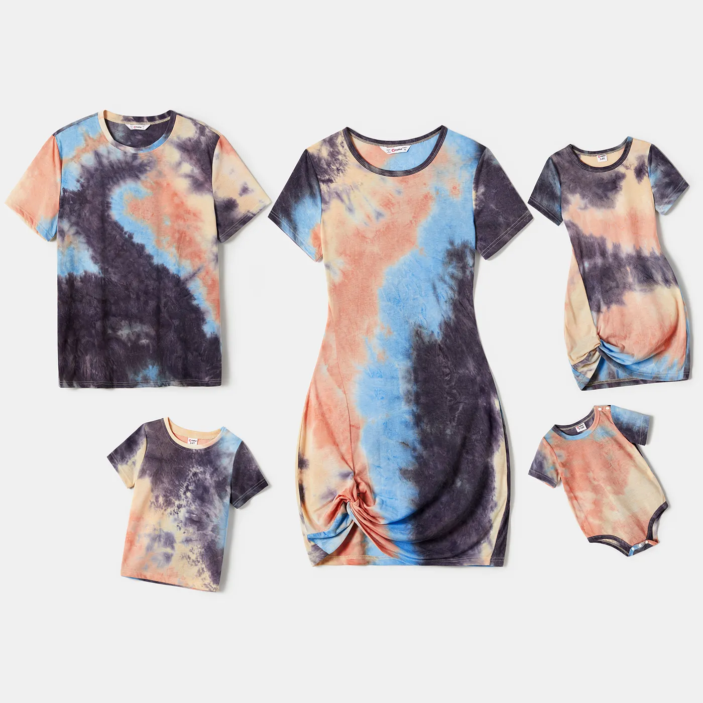 Family Matching Tie Dye Short-sleeve Tunic Dresses And T-shirts Sets