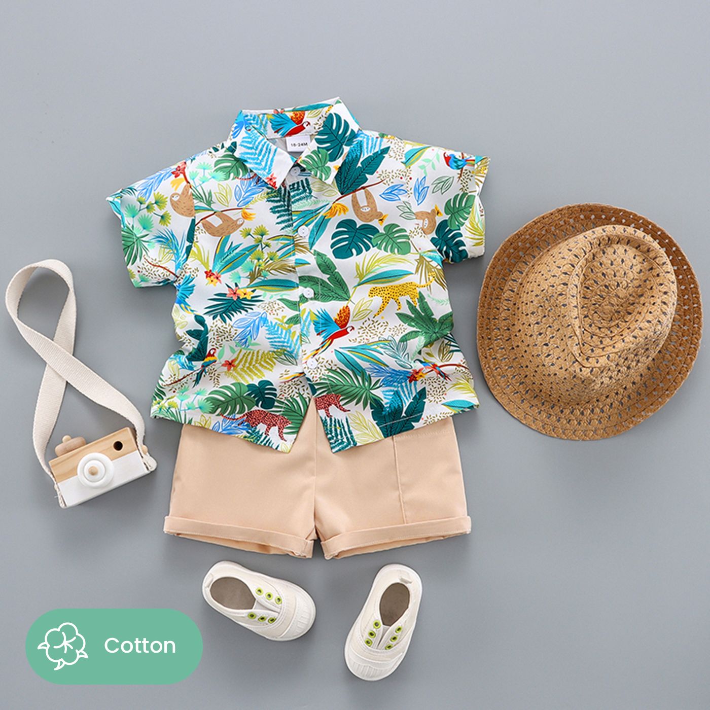 2pcs Kid Boy 100% Cotton Tropical Plant & Animal Print Short-sleeve Shirt And Patch Pocket Shorts Set