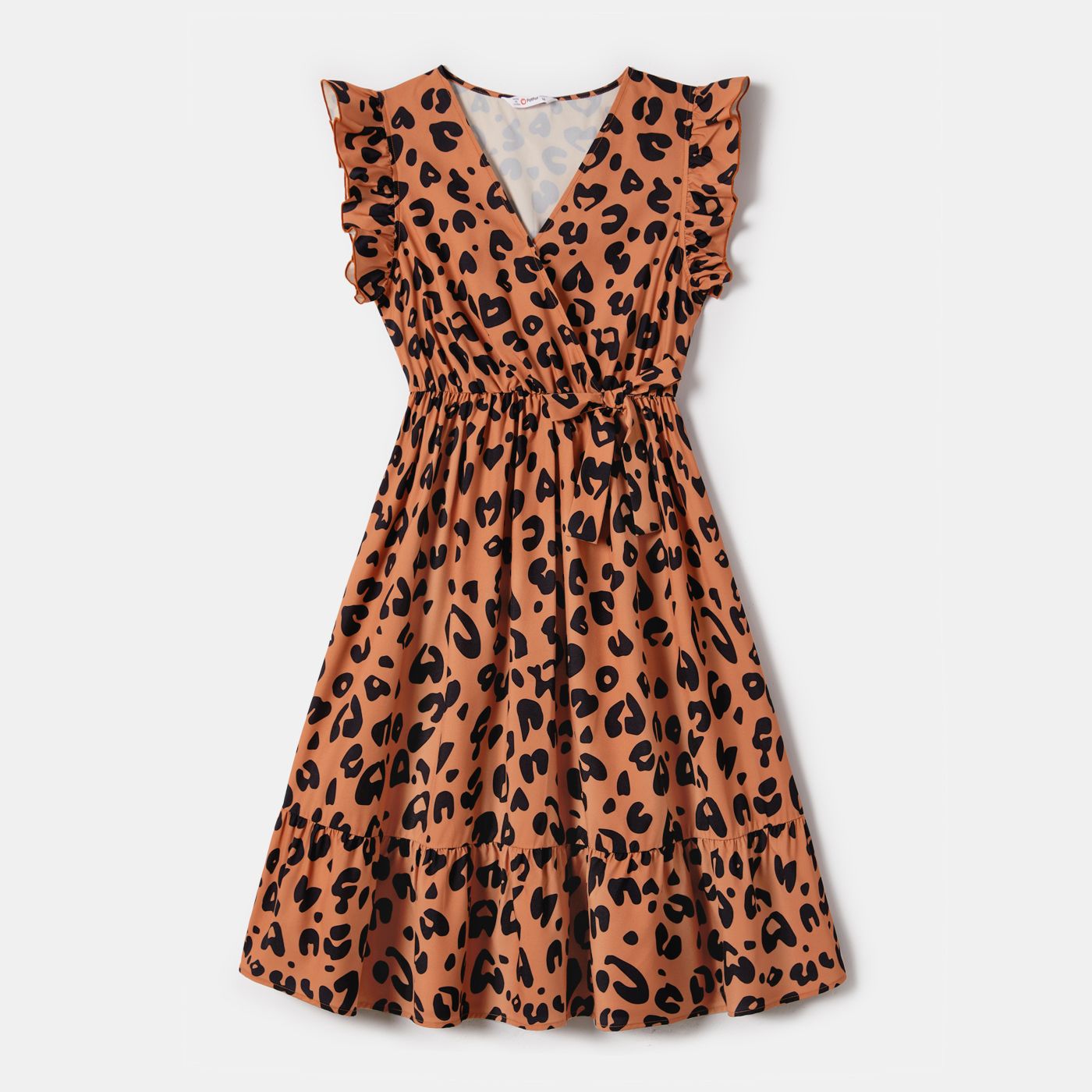 Mommy And Me Allover Leopard Print Bow Side Decor Flutter-sleeve Wrap Dresses