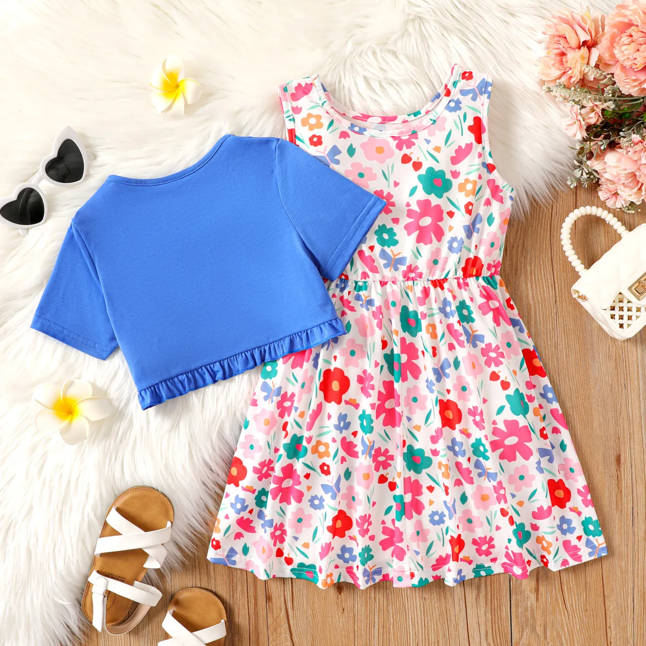 2pcs Kid Girl Ruffle Trim Short-sleeve Cardigan and Allover Floral Print Tank Dress Set Blue big image 1