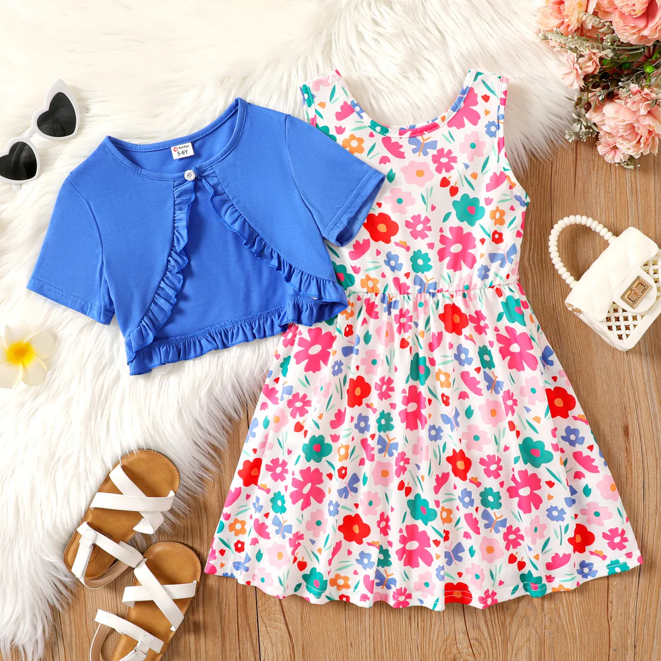 2pcs Kid Girl Ruffle Trim Short-sleeve Cardigan and Allover Floral Print Tank Dress Set Blue big image 1