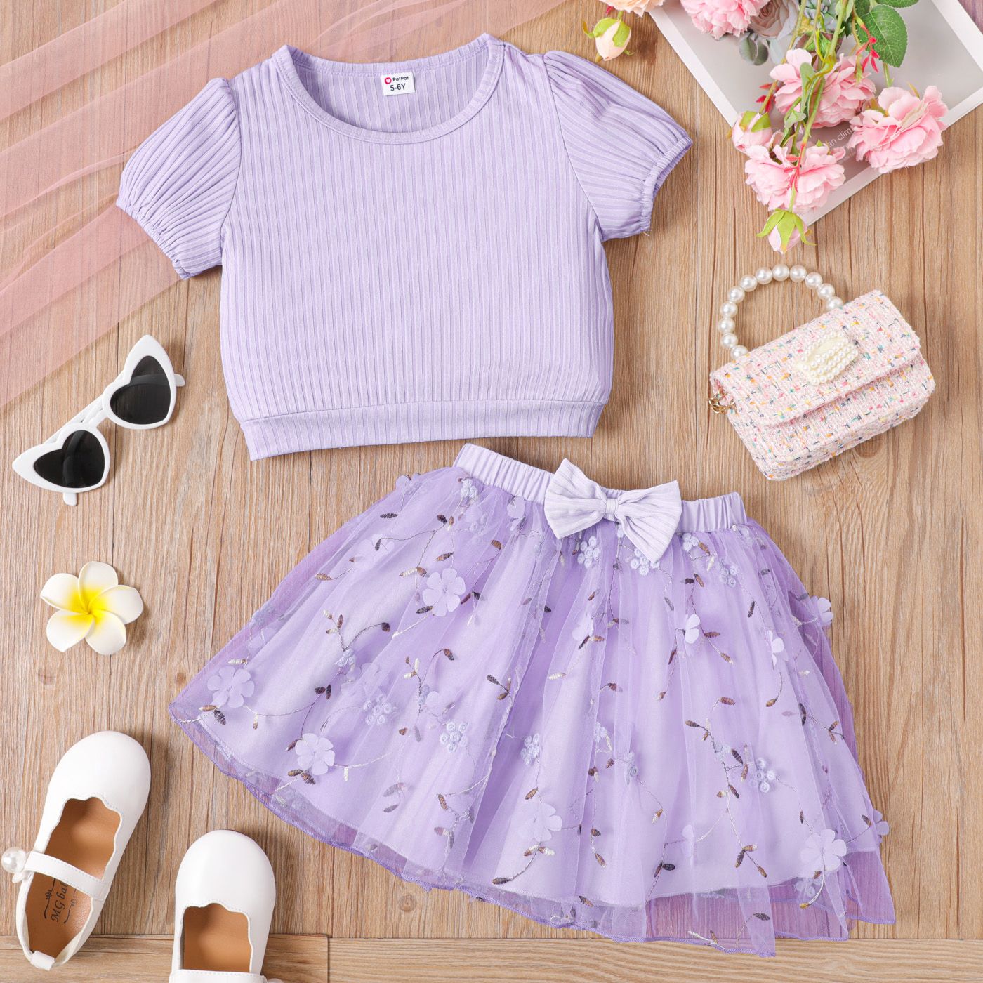 2pcs Kid Girl Purple Rib-knit Top Et Floral Brodé Mesh Overlay Skirt Set