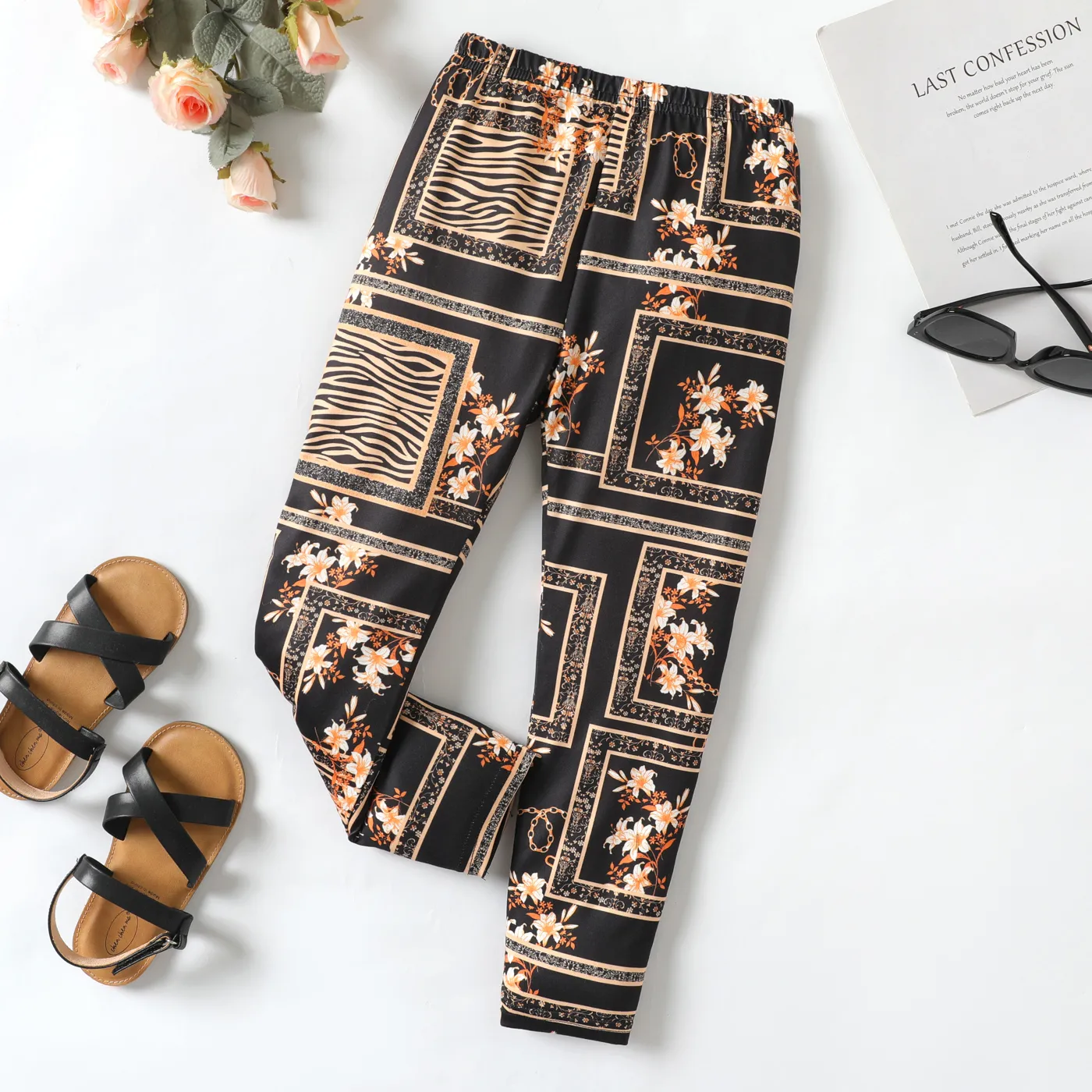 Kid Girl Allover Ethnic Style Flower Print Pants  big image 1
