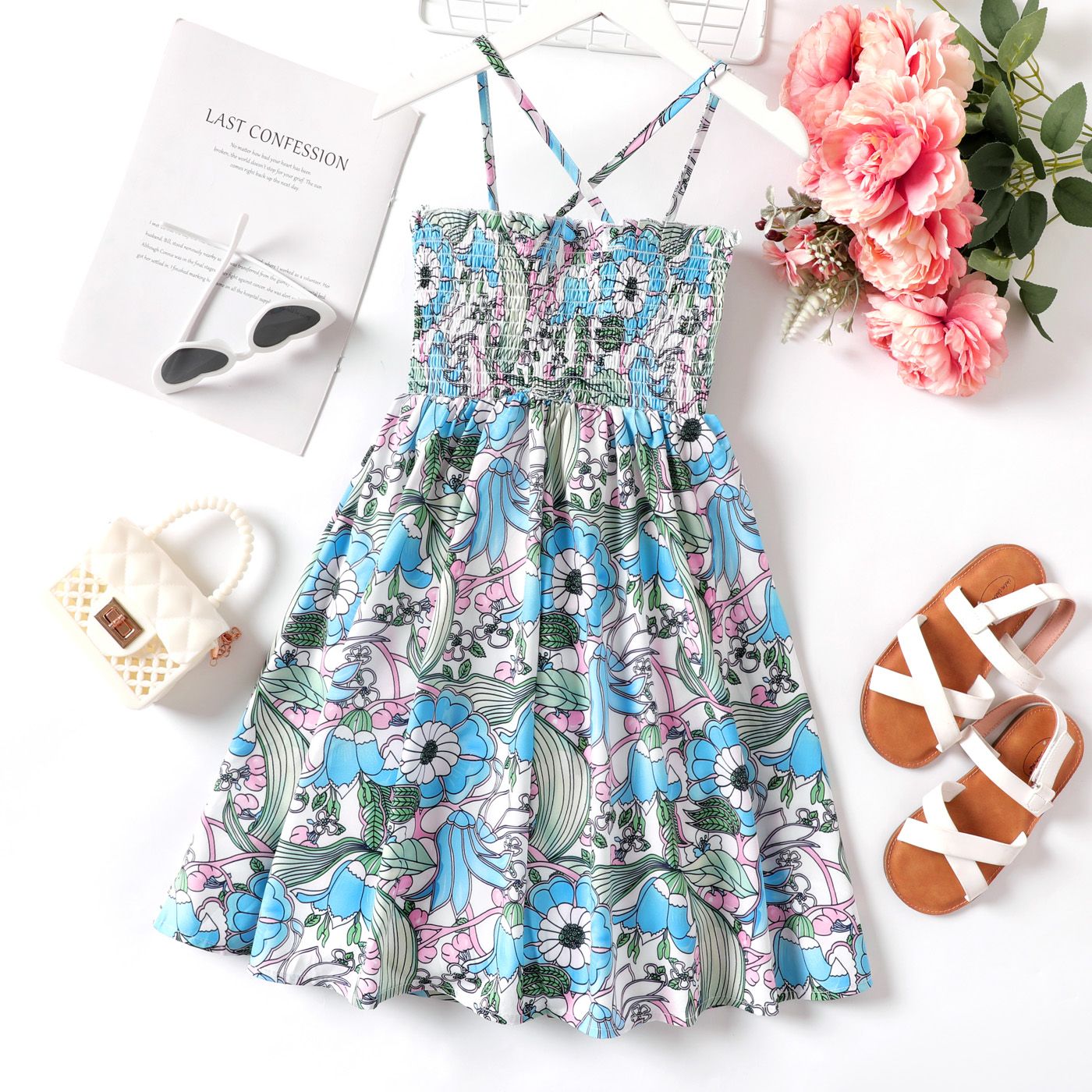 Kid Girl Allover Flower Print Smocked Slip Dress