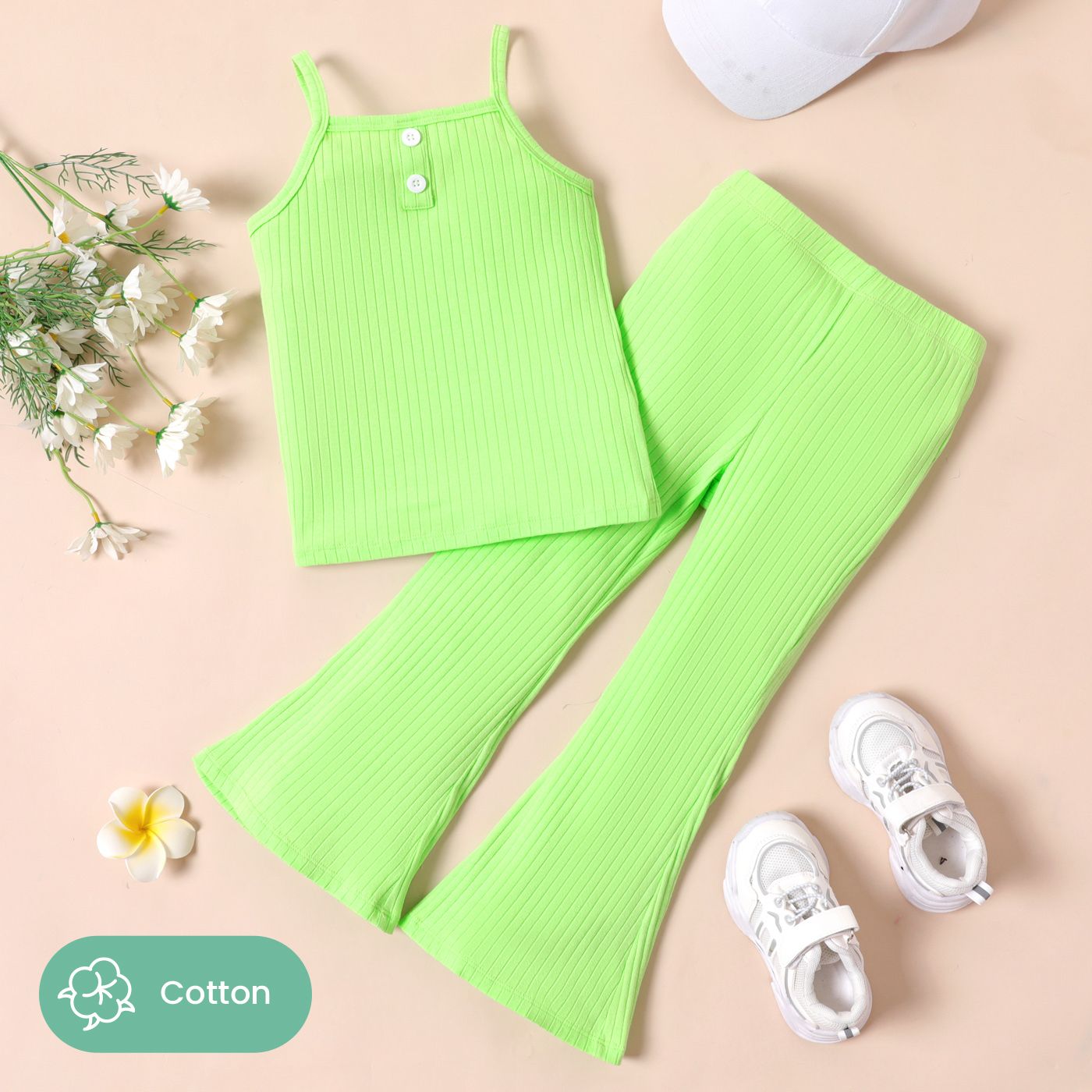 

2pcs Kid Girl Solid Ribbed Camisole and Flared Pants Set