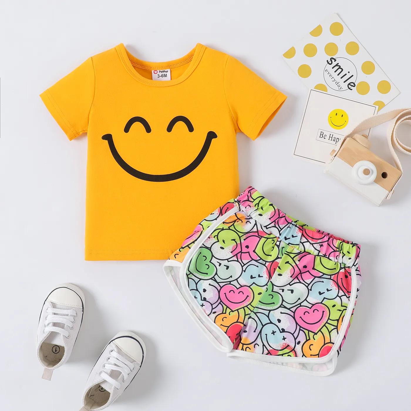 2pcs Baby Boy/Girl 95% Cotton Short-sleeve Tee and Allover Heart  Print Shorts Set DarkOrange big image 1