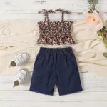 2pcs Baby Girl Allover Leopard Print Smocked Slip Top and 100% Cotton Ripped Denim Shorts Set  image 2