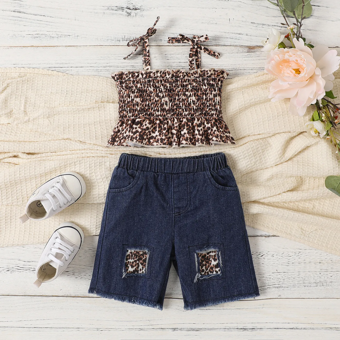 2pcs Baby Girl Allover Leopard Print Smocked Slip Top And 100% Cotton Ripped Denim Shorts Set
