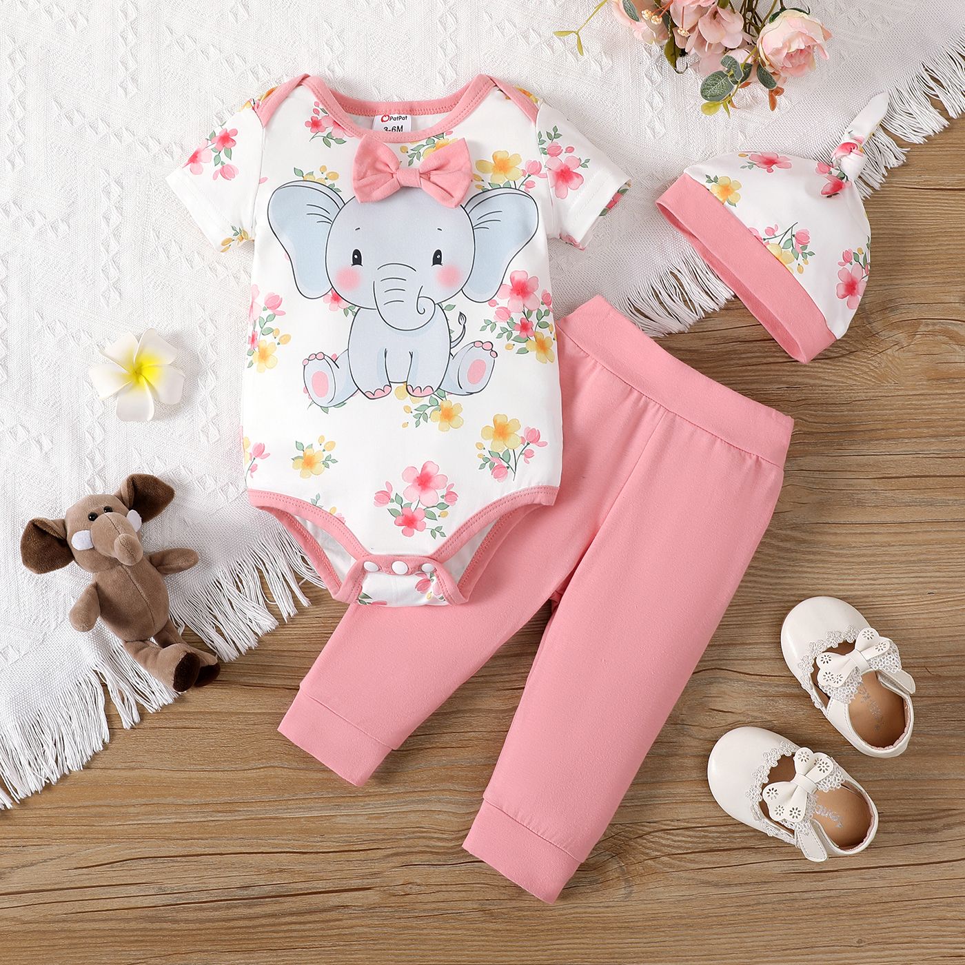3pcs Baby Girl Elephant Print Bow Decor Short-sleeve Romper and Solid Pants & Hat Set