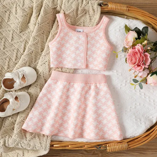 2pcs Baby Girl 100% Cotton Houndstooth Pattern Button Placket Knitted Tank Top and Skirt Set 