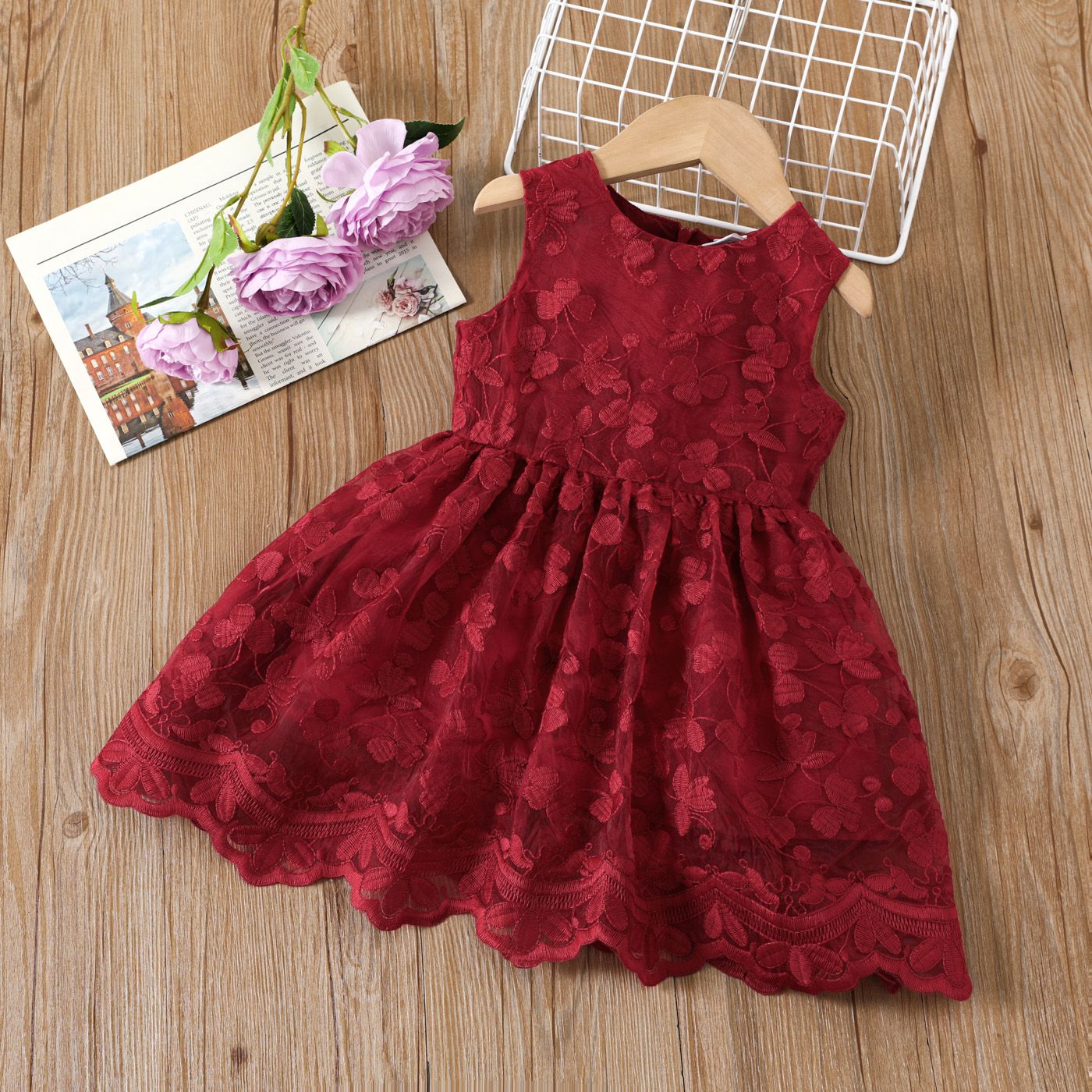 

Toddler Girl Red Guipure Lace Butterfly Applique Tank Dress