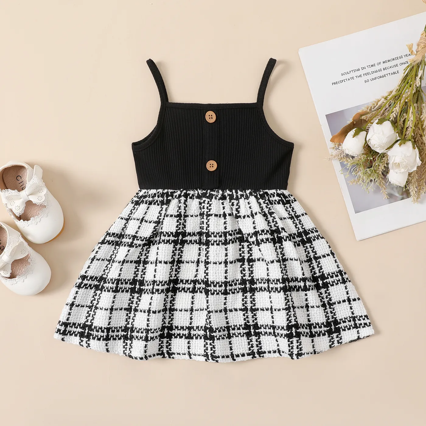 

Baby Girl Plaid Panel Button Front Rib-knit Cami Dress