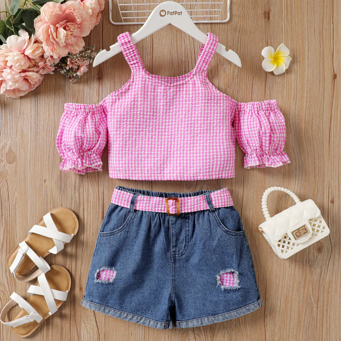 2pcs Kid Girl Plaid Cold Shoulder Cami Top and Belt Ripped Denim Shorts Set