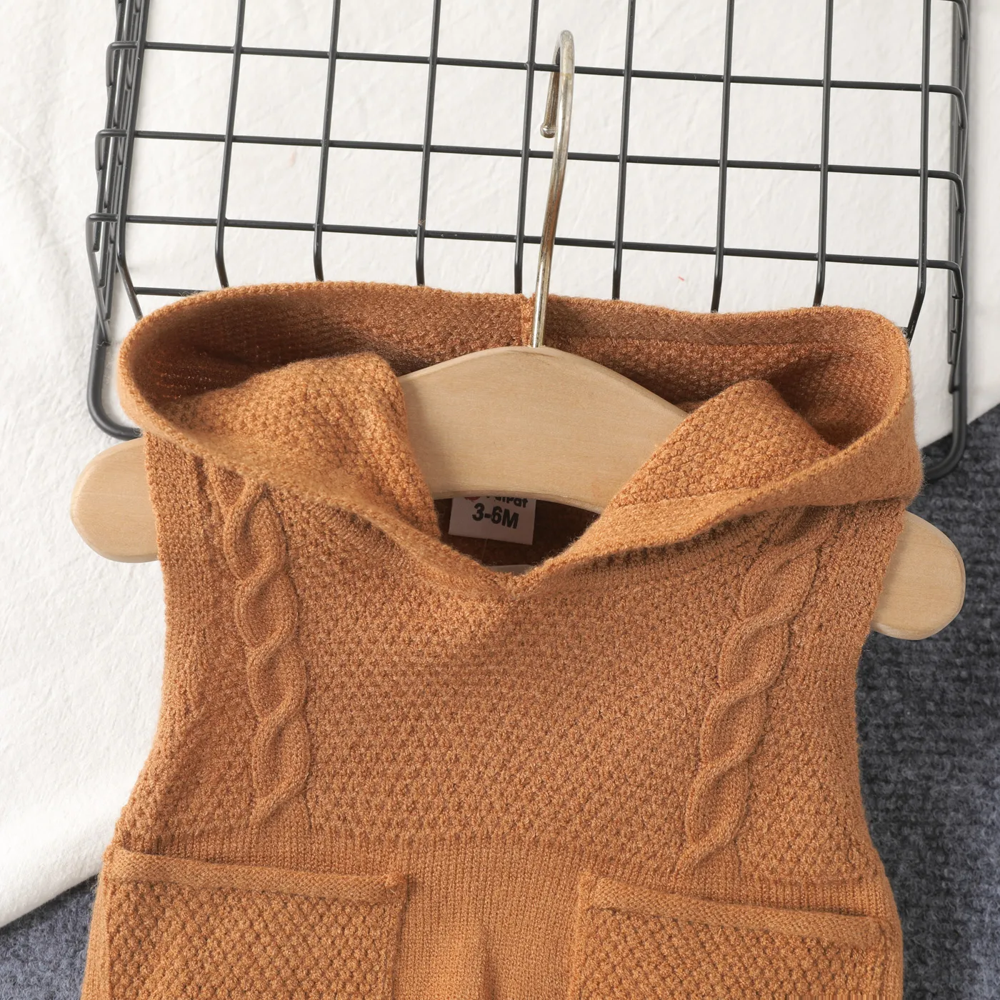 2pcs Baby Boy Solid Cable Knit Hooded Tank Top and Shorts Set  Brown image 3