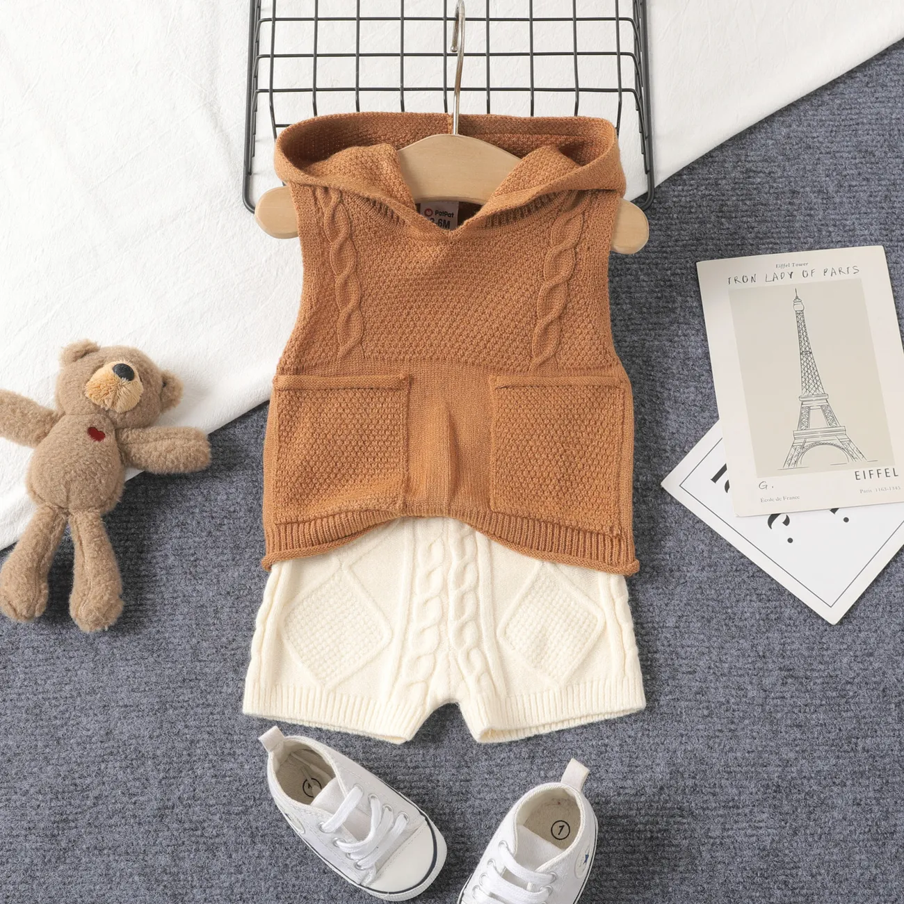 2pcs Baby Boy Solid Cable Knit Hooded Tank Top and Shorts Set  Brown big image 1