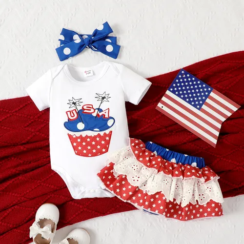 Independence Day 3pcs Baby Girl Short-sleeve Romper and Lace Ruffle Skirt & Headband Set