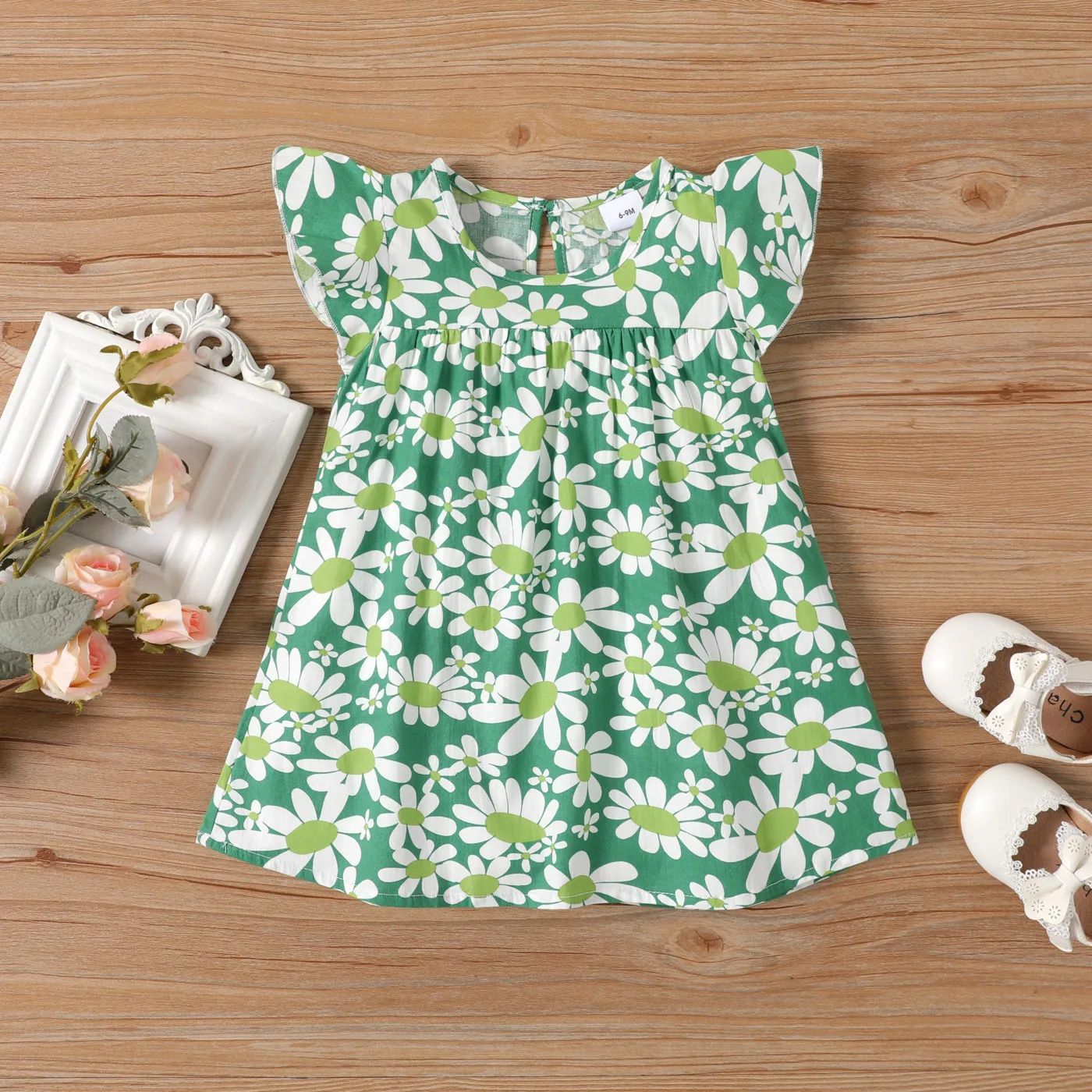 100% Cotton Baby Girl All Over Floral Print Flutter-sleeve Loose-fit Dress Green