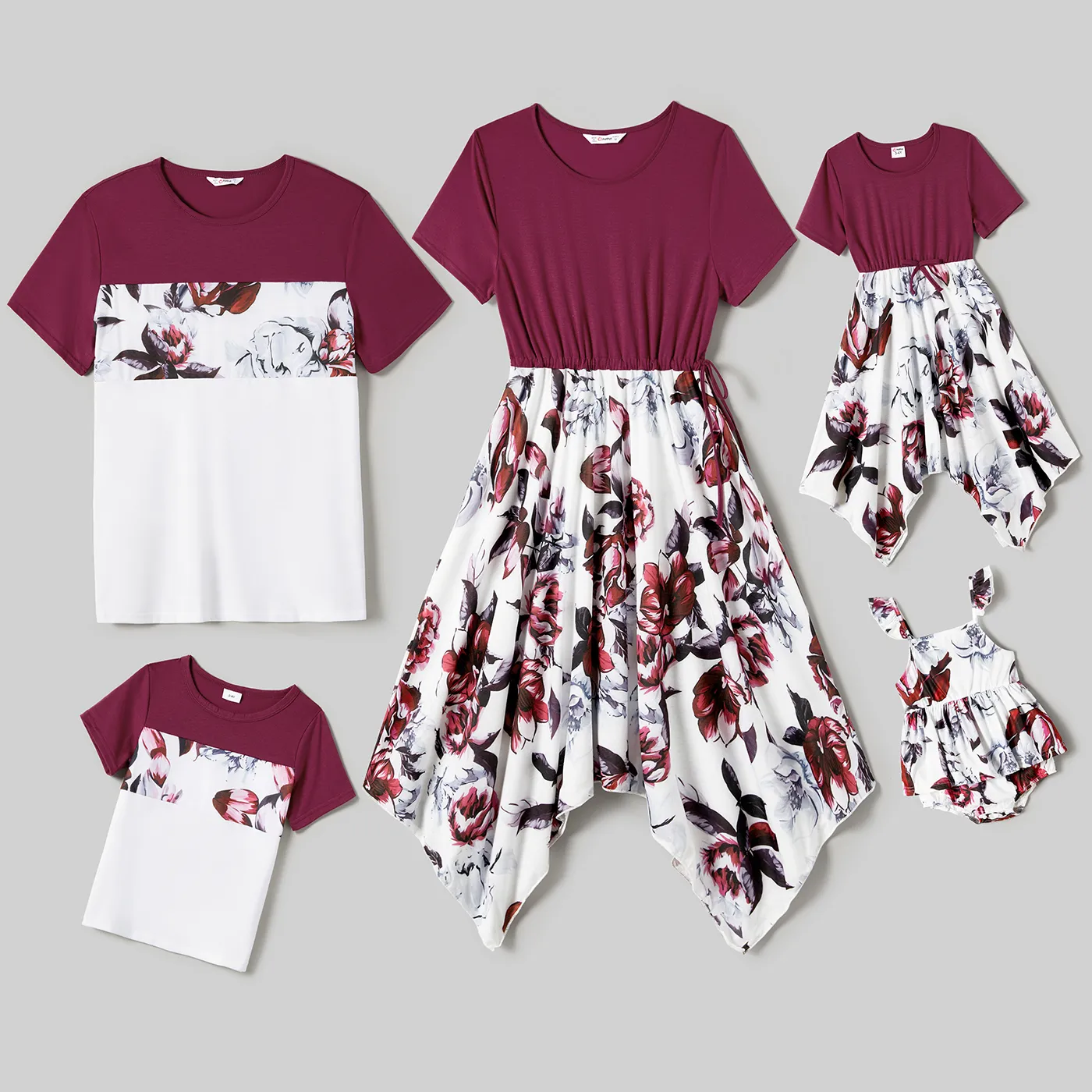 

Family Matching Solid Short-sleeve Splicing Floral Print Irregular Hem Dresses and Colorblock T-shirts Sets
