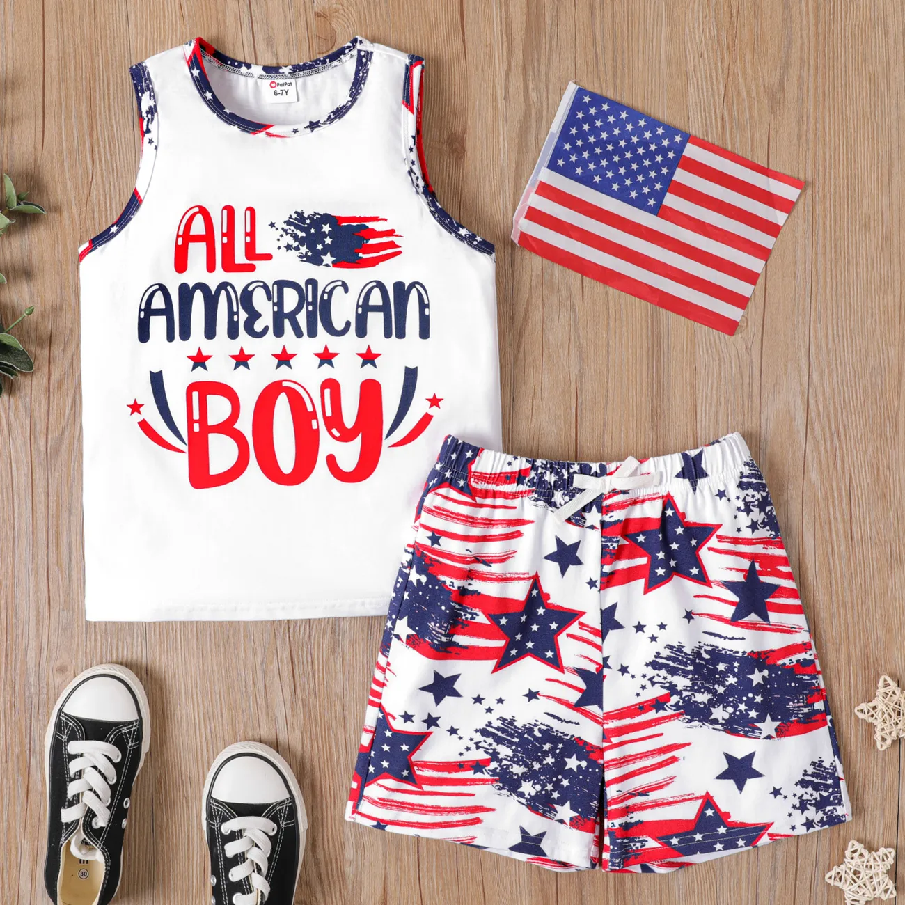Independence Day 2pcs Kid Boy 100% Cotton Letter Print Tank Top and Cotton Shorts Set Colorful big image 1