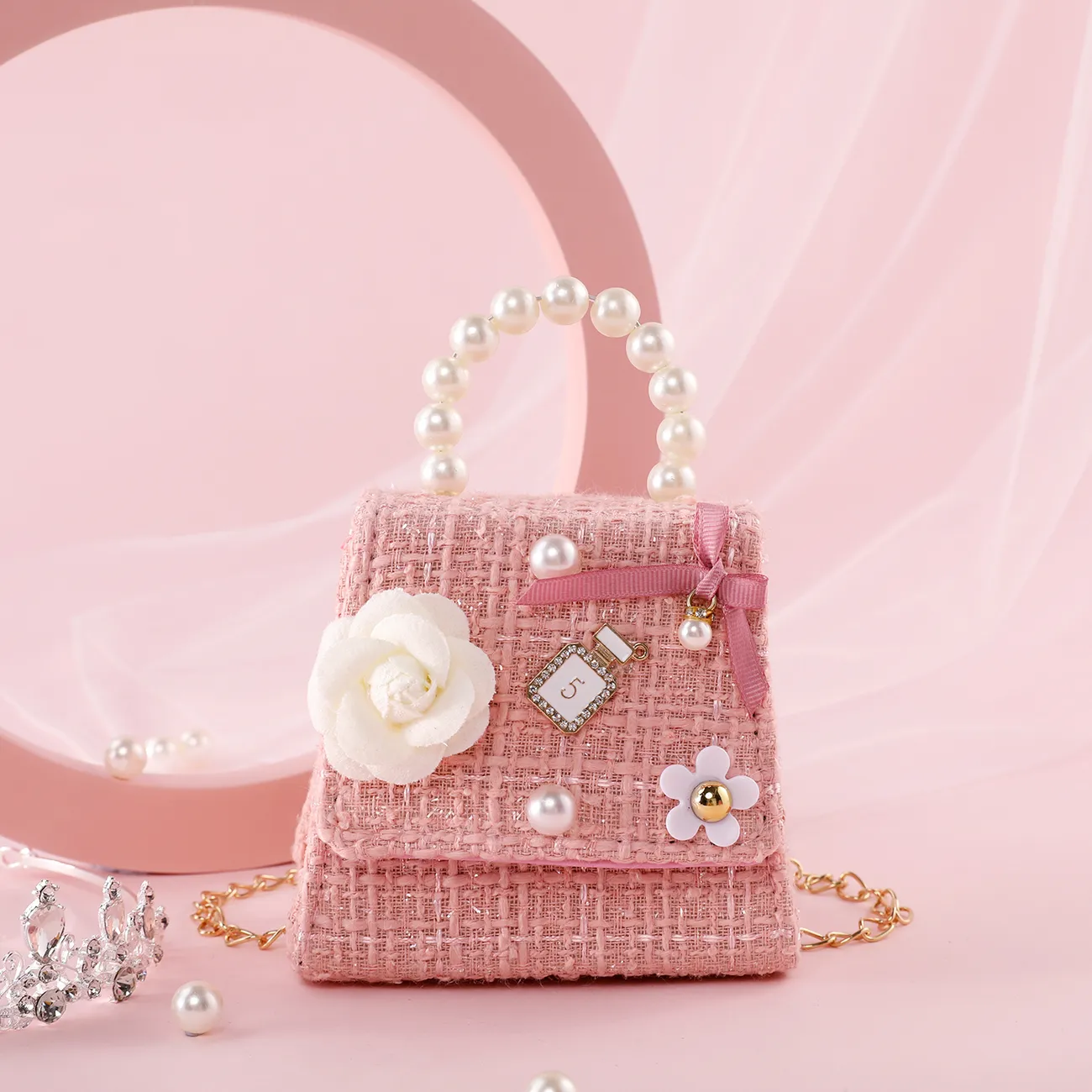 Floral Decor Pearl Portable Cross-body Toddler/Kid Girl's Bag Light Pink big image 1