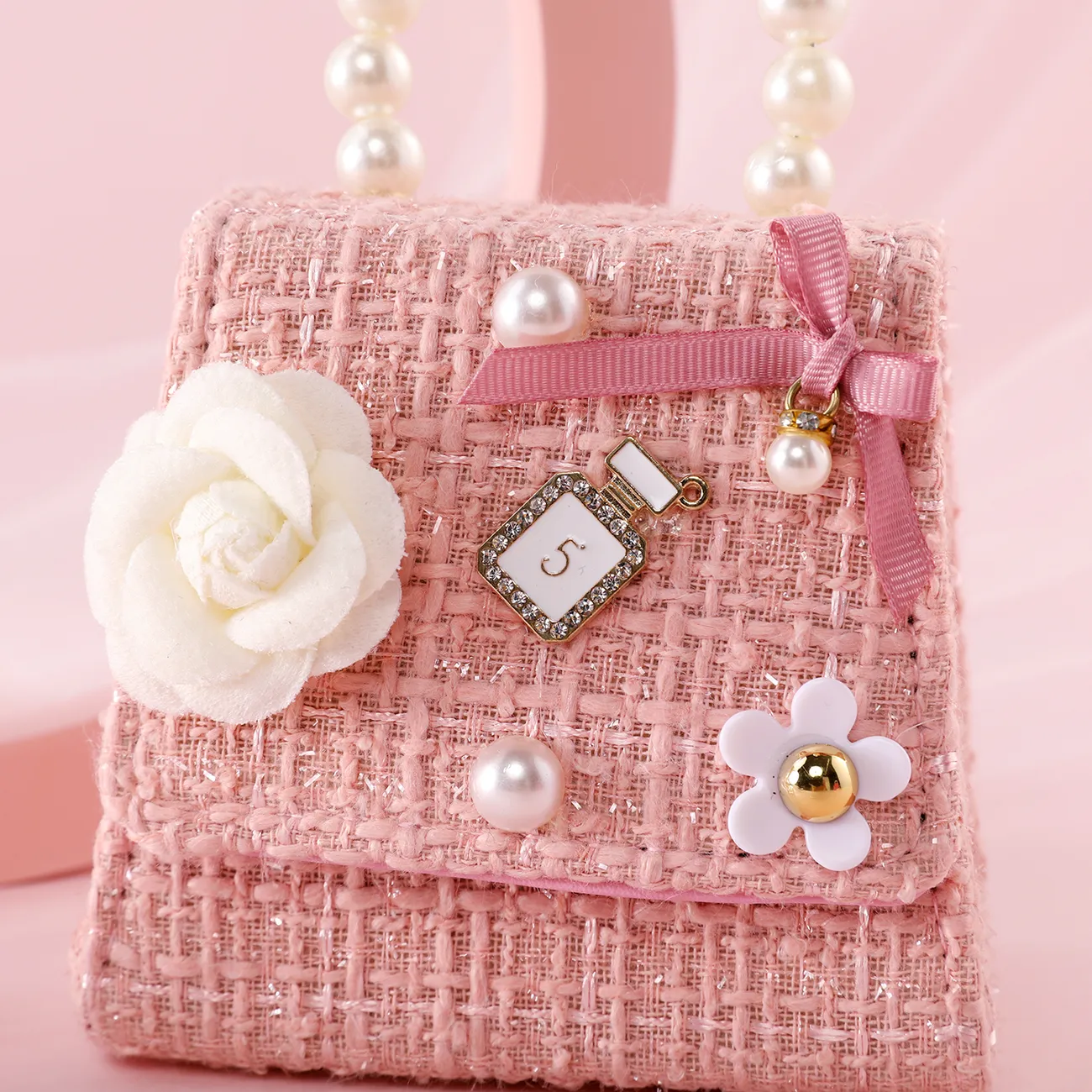 Floral Decor Pearl Portable Cross-body Toddler/Kid Girl's Bag Light Pink big image 1