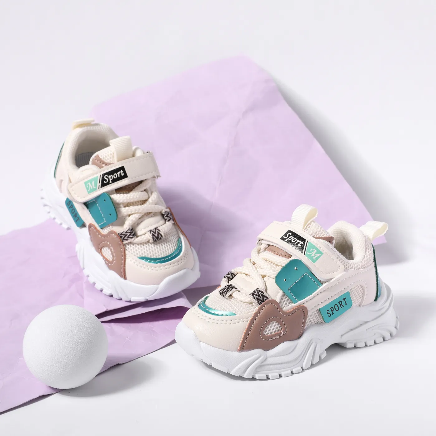 Toddler/Kid Mesh Breathable Letters Print Velcro Sport Shoes Beige image 2