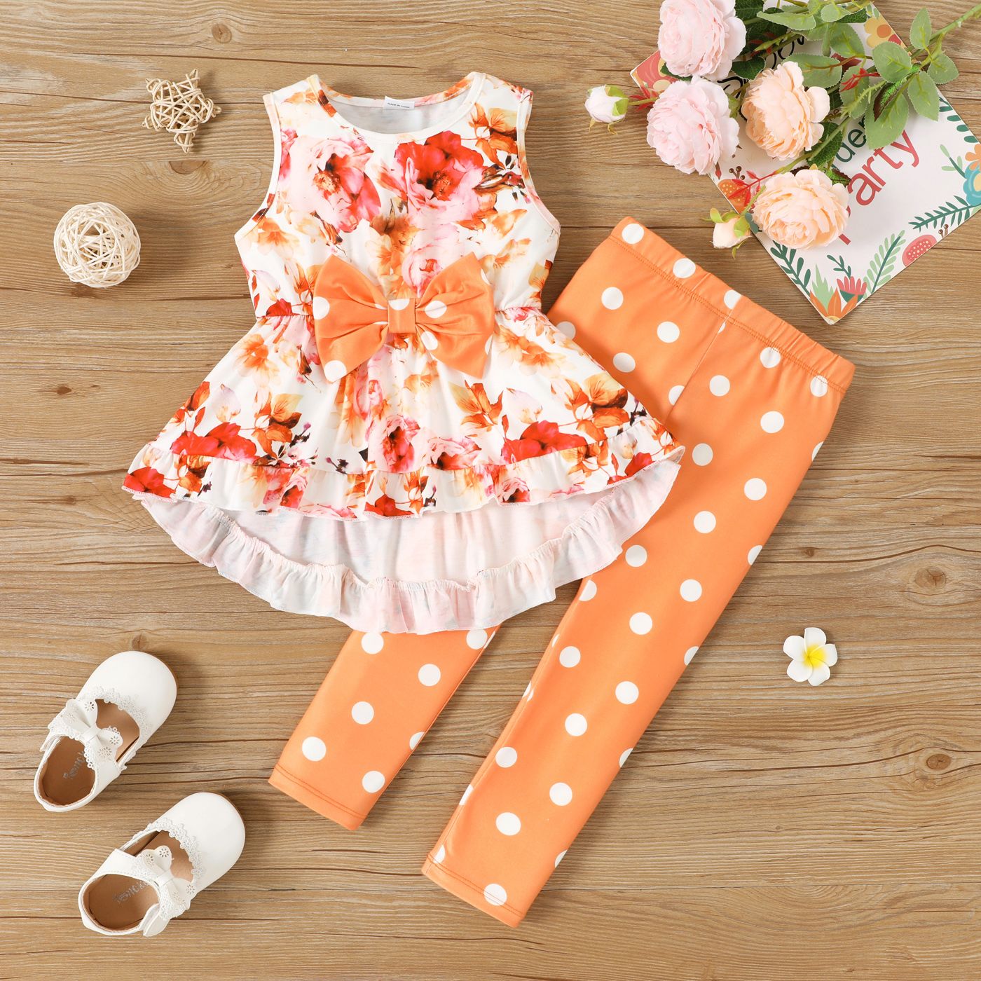 

2pcs Toddler Girl Floral Print Bow Front Ruffle Hem Tank Top and Polka Dots Leggings Pants Set
