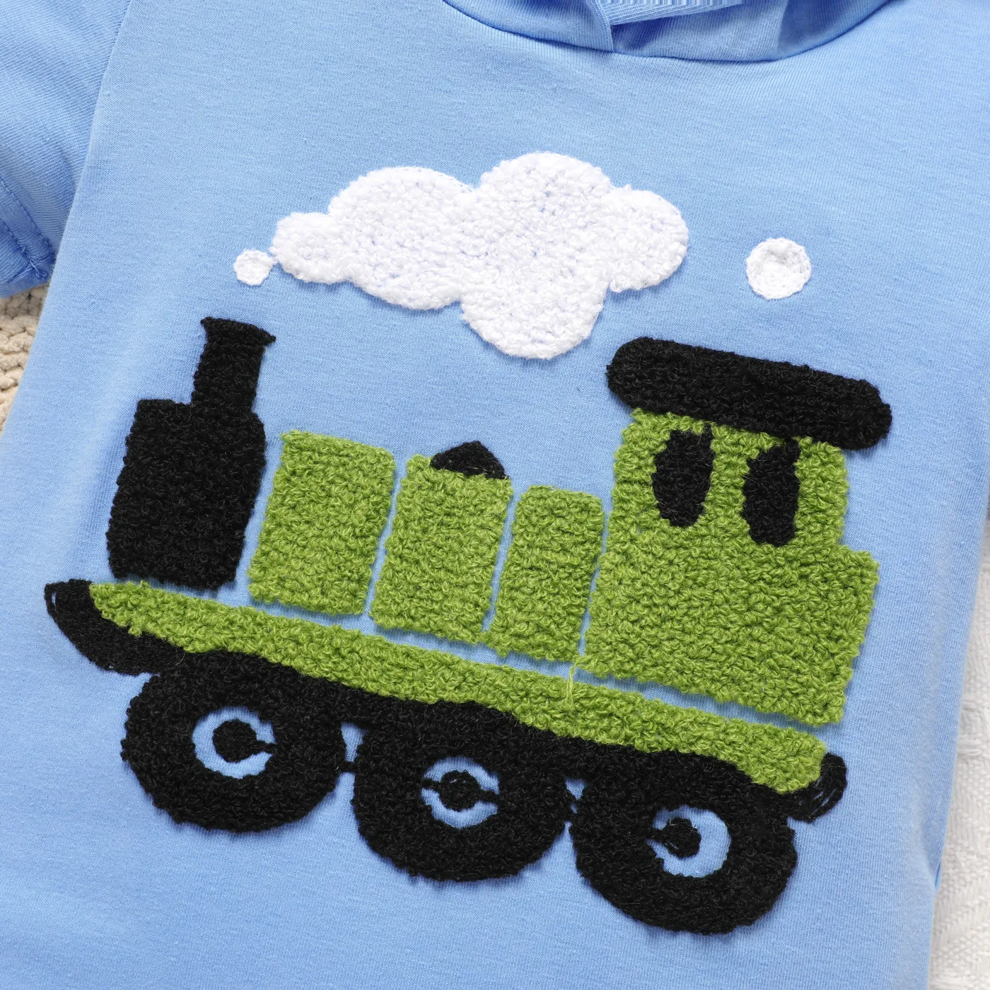 Baby Boy Train Pattern Short-sleeve Hooded Romper Blue image 4