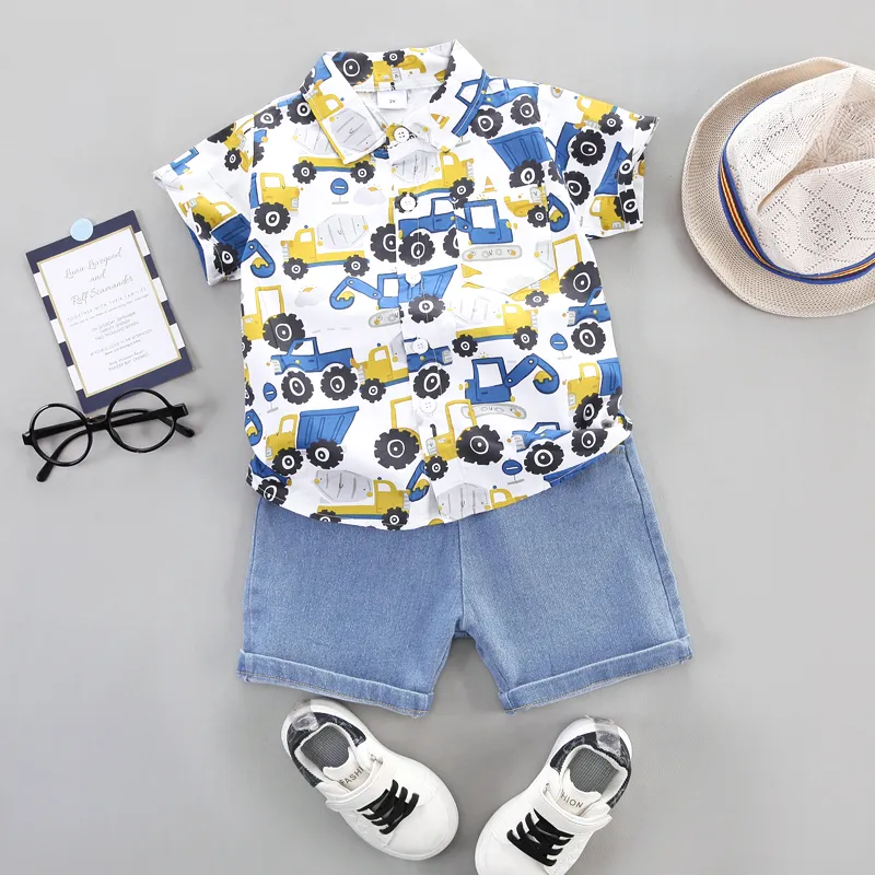 2pcs Toddler Boy Allover Vehicle Print Short-sleeve Cotton Shirt and Denim Shorts Set Blue big image 1
