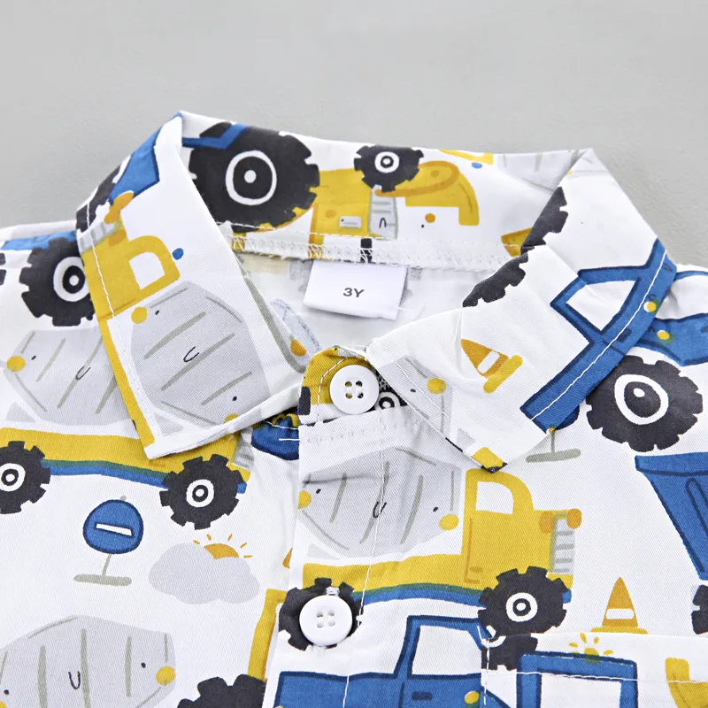 2pcs Toddler Boy Allover Vehicle Print Short-sleeve Cotton Shirt and Denim Shorts Set Blue image 3