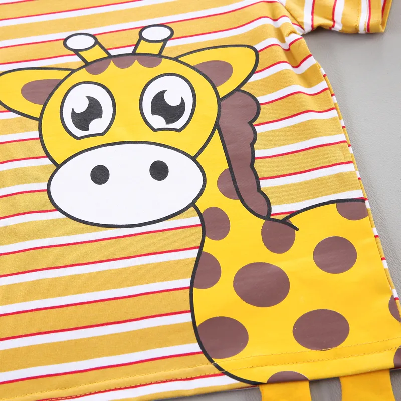 2pcs Toddler Boy Cotton Giraffe Graphic Striped Tee and Denim Shorts Set Yellow image 4