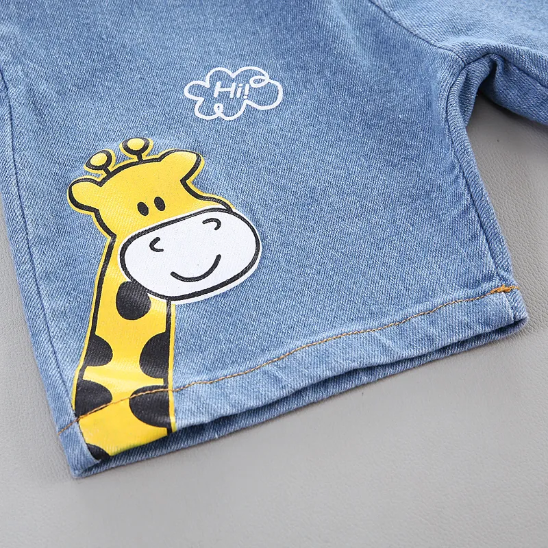 2pcs Toddler Boy Cotton Giraffe Graphic Striped Tee and Denim Shorts Set Yellow image 6