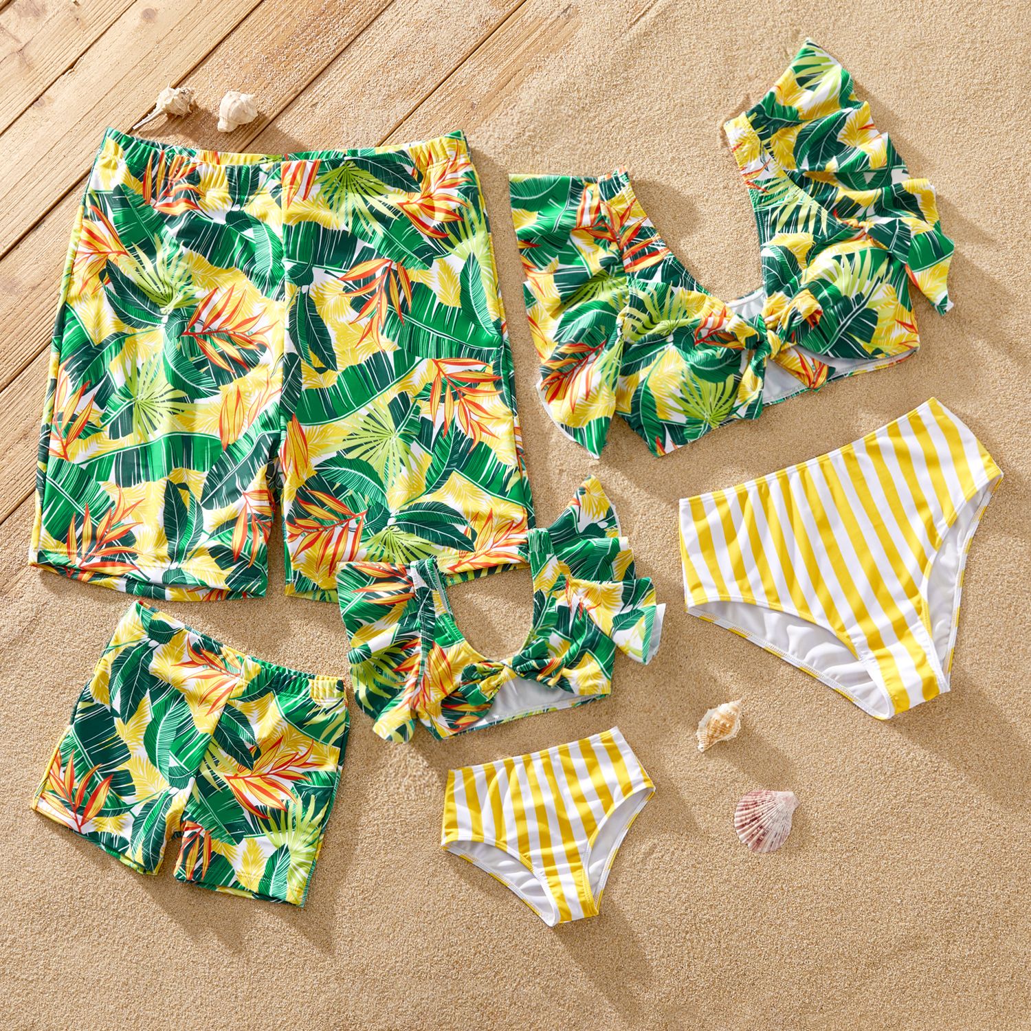 Family Matching Plant Stripe Print Knot Front Two-piece Swimsuit Or Swim Trunks Shorts