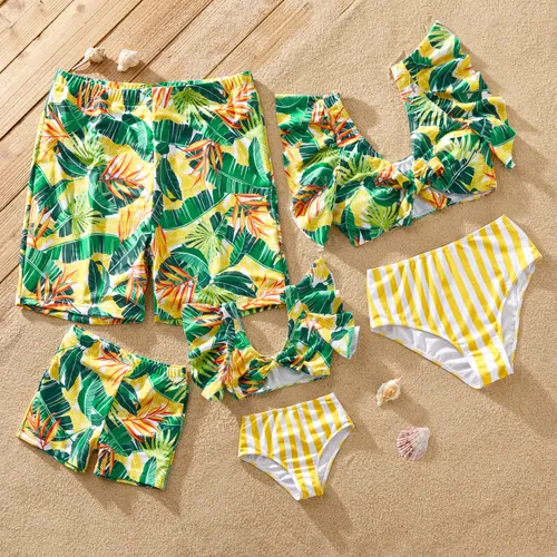 Family Matching Plant Stripe Print Knot Front Two-piece Swimsuit or Swim Trunks Shorts