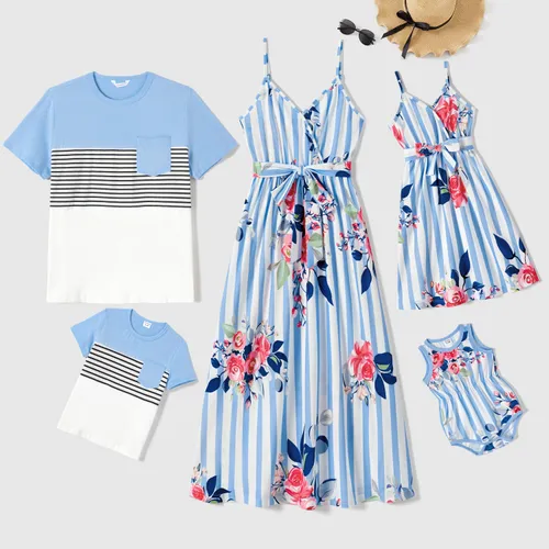 Family Matching Floral Stripe Print Belted Slip Dresses and Striped Color Block T-shirts Sets
